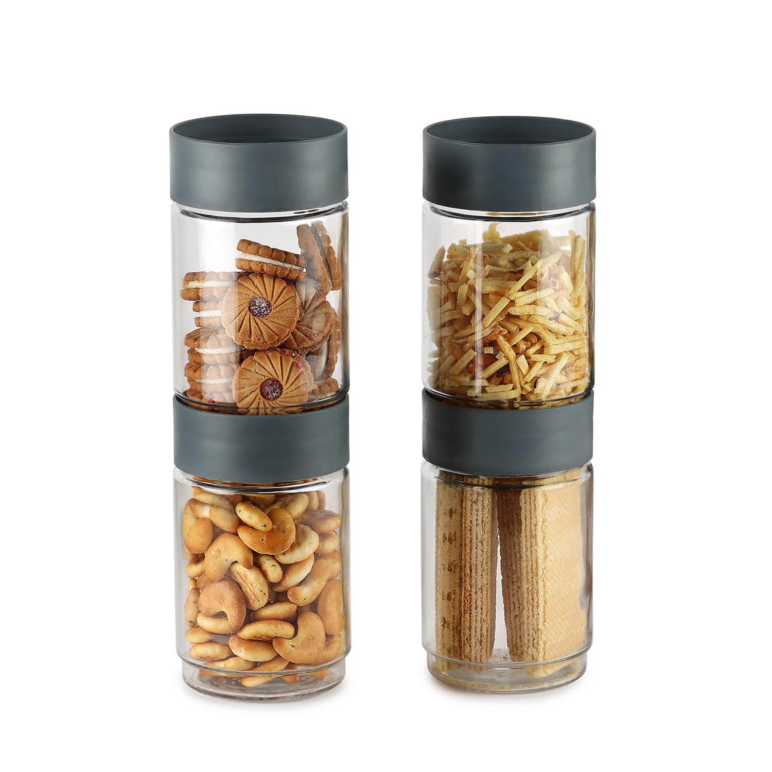 CELLO Modustack Pet Storage Jar For Kitchen Set of 4 Pcs, 750 ml Grey | Freezer & Fridge Safe, See Through Airtight Stackable Pet Kitchen Storage Box Container Set For Beans, Whole Grains, Spices