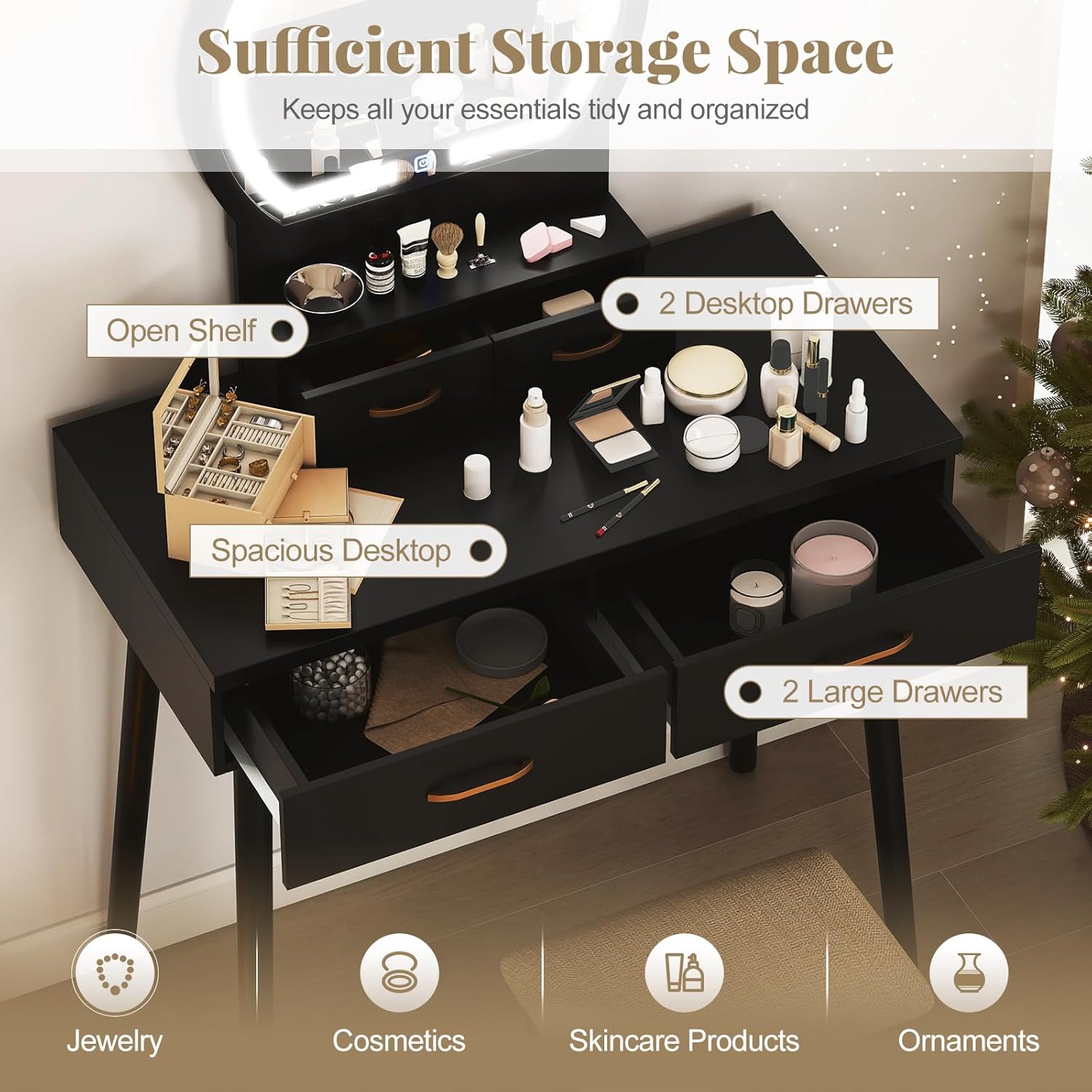 COSTWAY Small Vanity Desk with Mirror and Lights, Makeup Table with 4 Drawers, Vanity Stool, Round Lighted Mirror, 3 Color Modes, Dressing Table Set for Bedroom Small Space (Black)