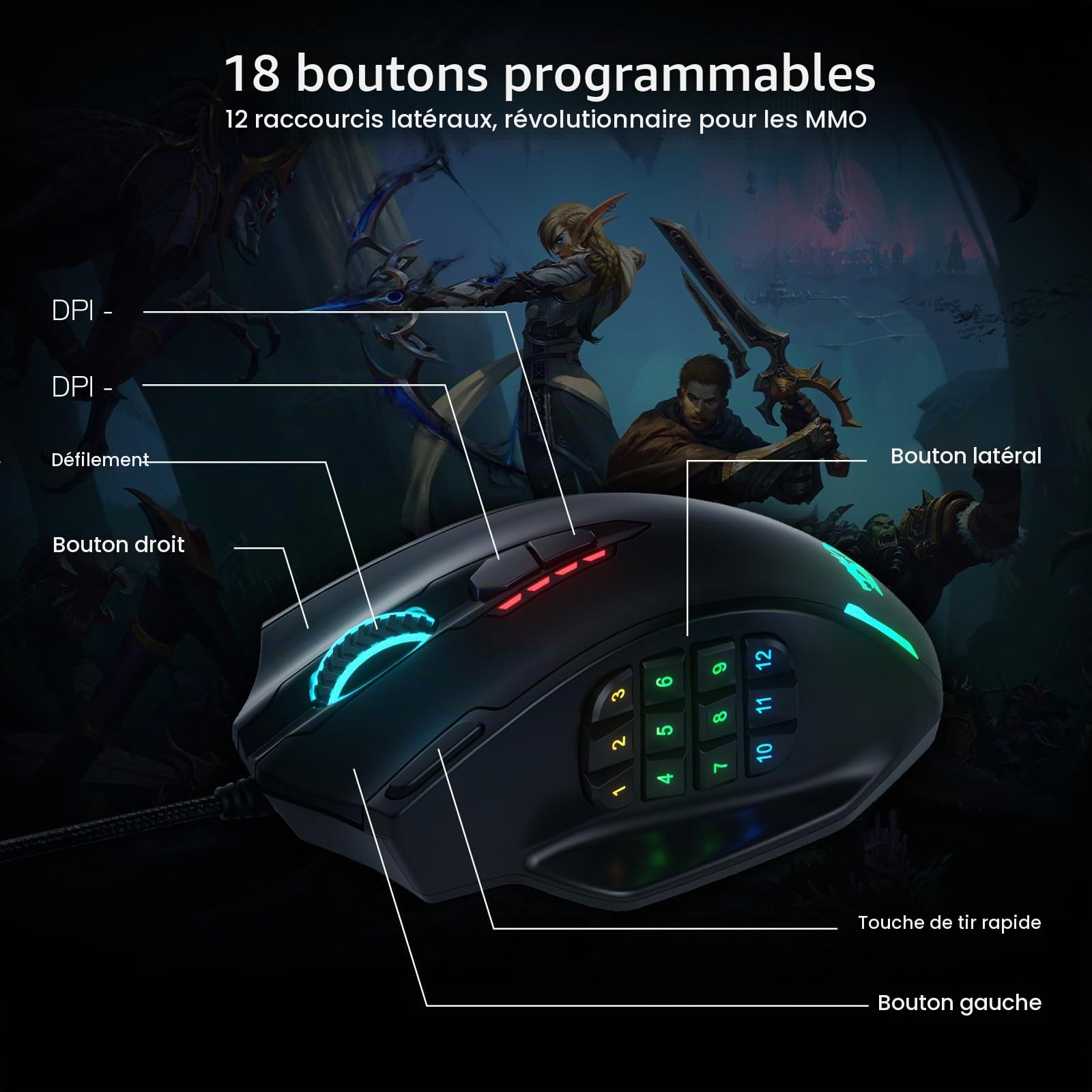 Redragon M908 Impact RGB LED MMO Souris de jeu 12 boutons latéraux, souris optique filaire ergonomique 12 400 DPI, haute précision, 18 raccourcis macro programmables