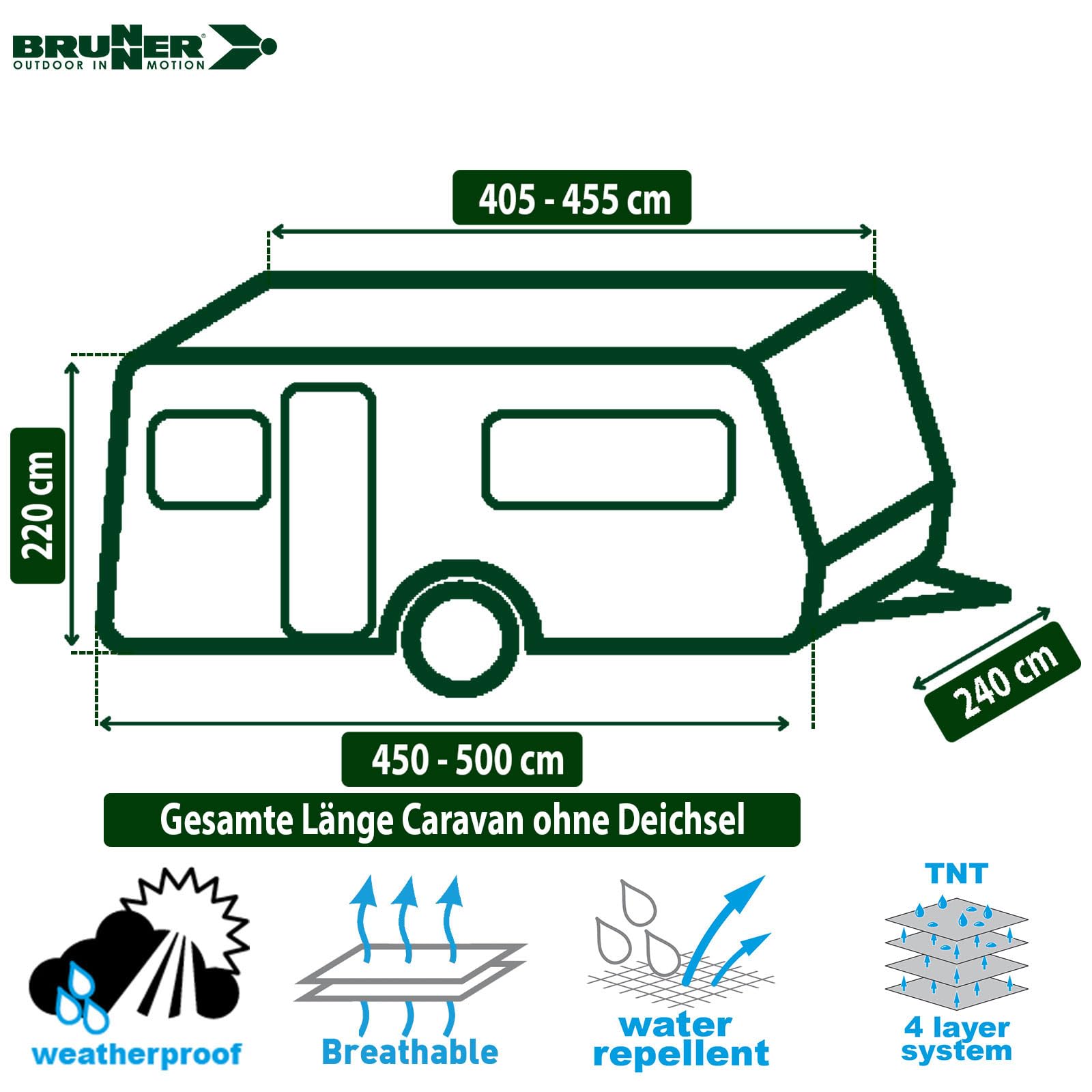 BRUNNER Wohnwagen-Abdeckplane Caravan Cover Design 12M 4,5m-5m x2,4m x2,2m | Schutzhülle 4-lagiges hochwertiges TNT-Gewebe, Atmungsaktive Abdeckung, UV-Beständig für Winter UND Sommer, Wasserabweisend
