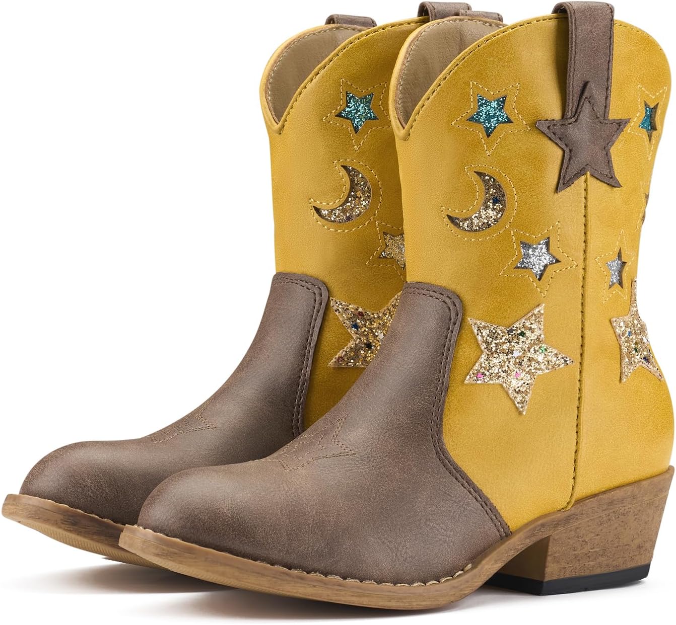 Rollda Girls Cowboy Boots, Cowgirl Boots for Girls, Star Boots Kids Western Boots for Toddler/Little Kid/Big Kid 10 Toddler Yellow/Brown(Size 3)