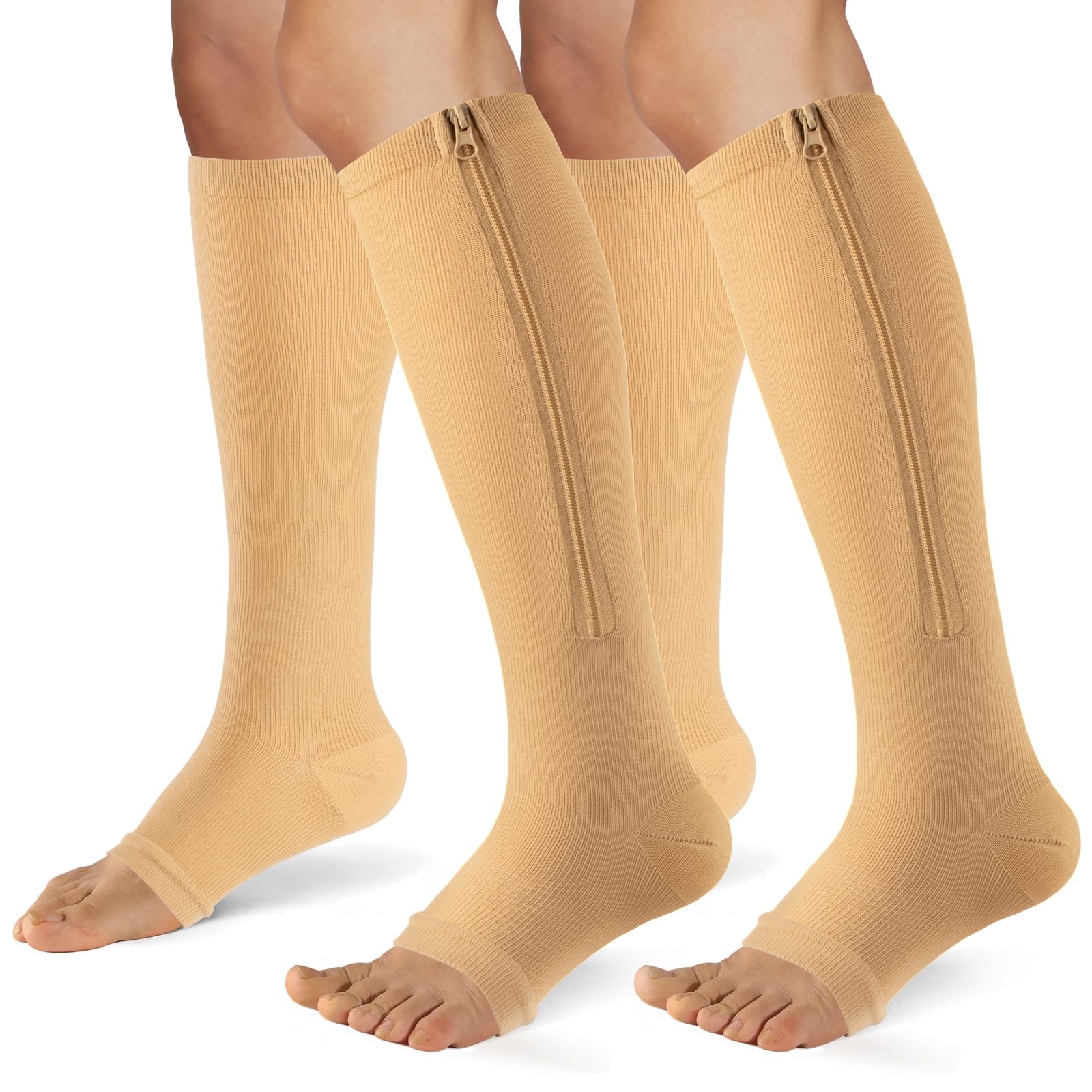 FOFLORA Zipper Compression Socks for Women & Men 2 Pairs，15-20mmhg Open Toe Compression Stockings for Nurse and Long Standing Crowd