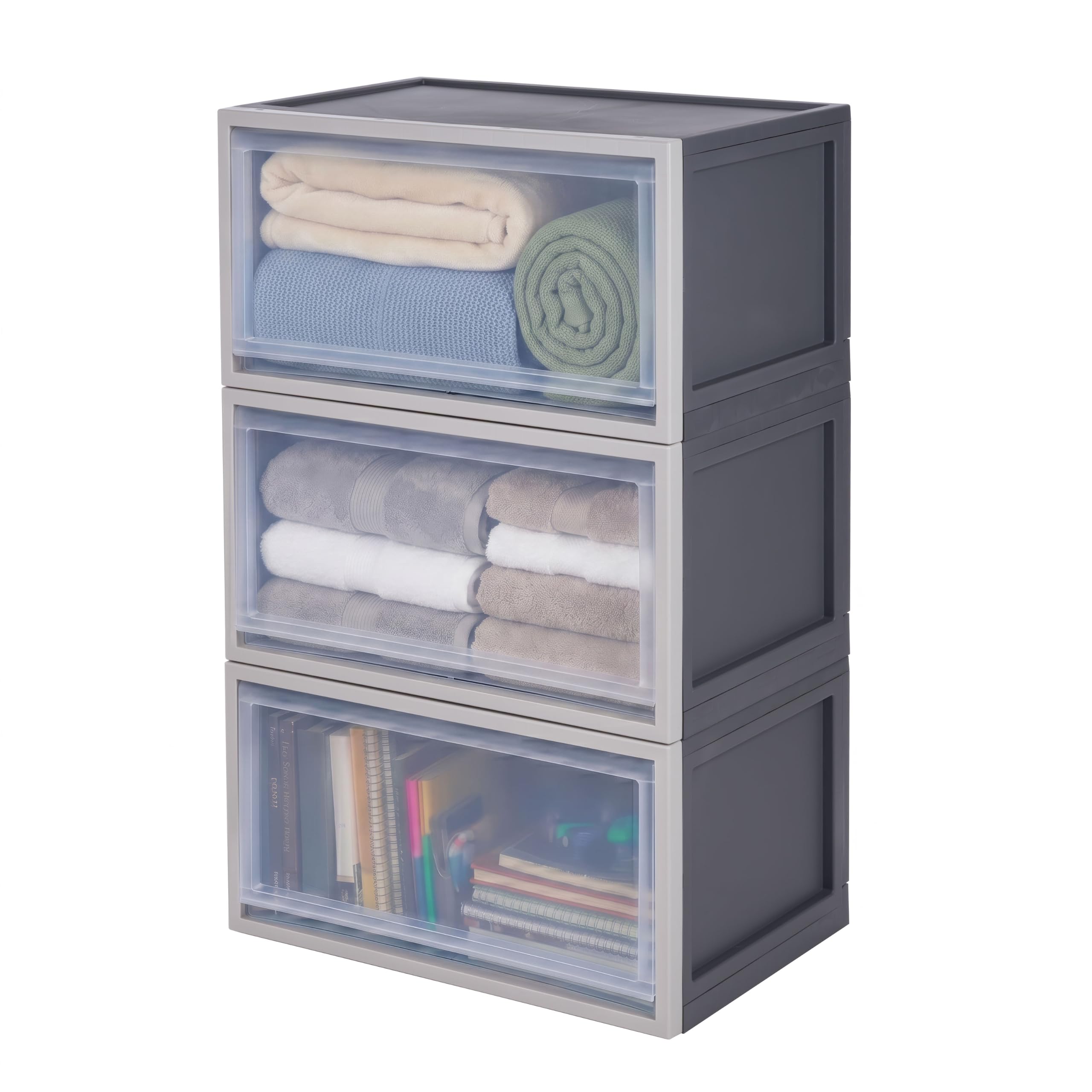 IRIS USA 53 Qt Stackable Storage Bins, 3-Pack, Front Access, Gray