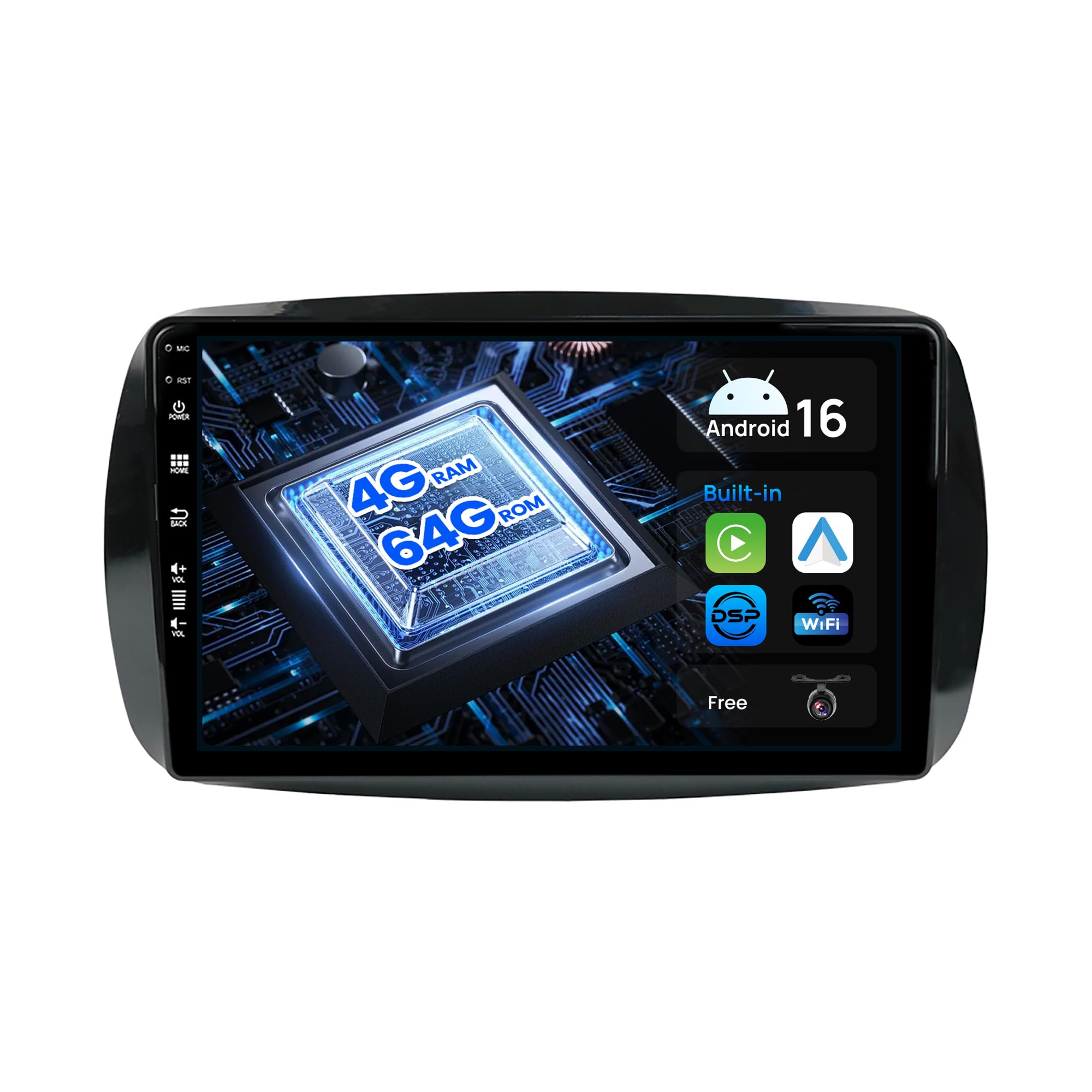 MSD 4+64G 9 Zoll Bildschirm Autoradio für Mercedes-Benz Smart 453 Fortwo 2014-2020 | Wireless Carplay Android Auto | Android 16 GPS Navi Radio | Volant DSP DAB Bluetooth 5.0 | Rückfahrkamera | 2 Din