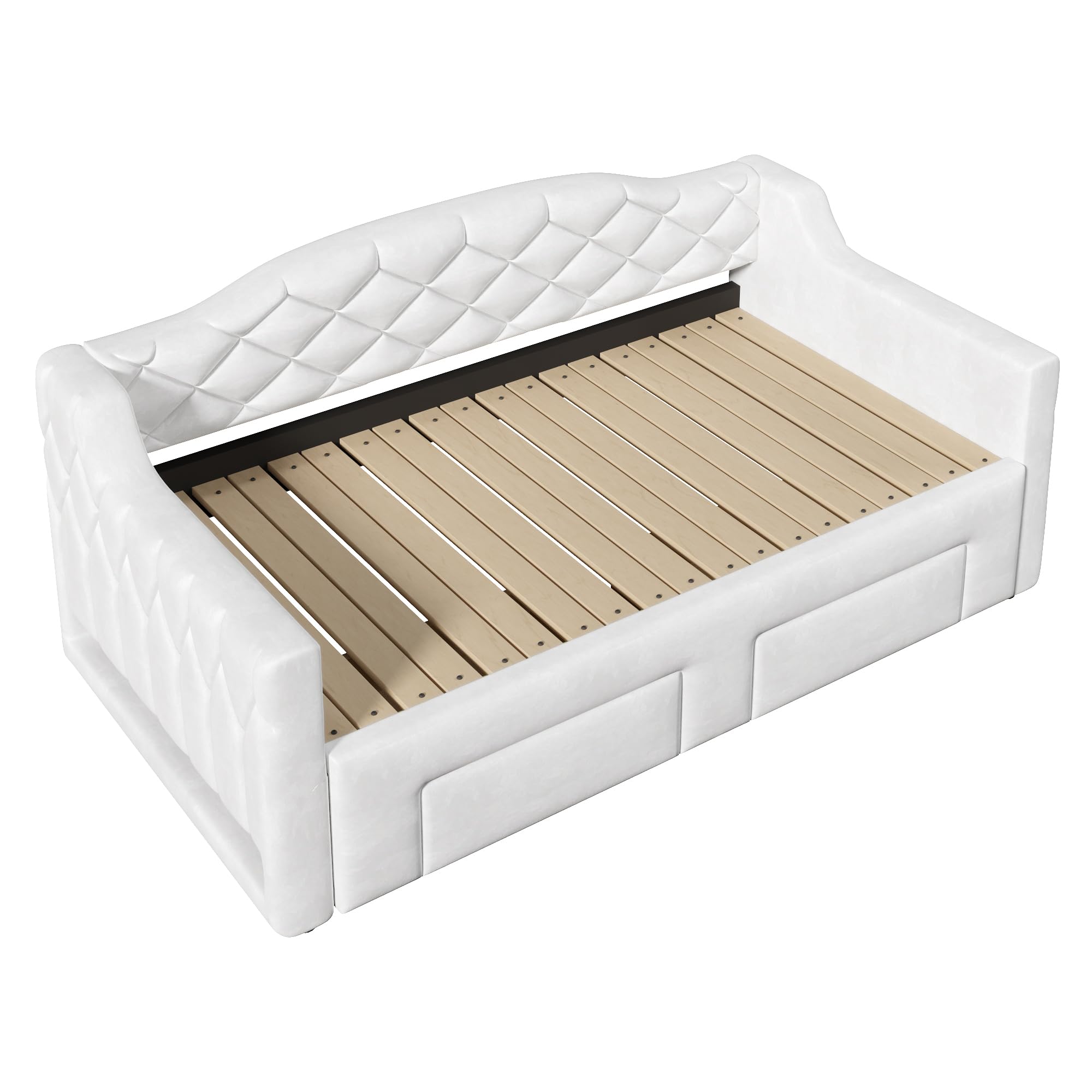 Canapé Lit 90x200cm avec Lit Gigogne, Banquette Lit 90/180x200 cm avec LED, 2 tiroirs, Canapé lit 2 Places Convertible Multifonctionnel, sommier à Lattes, Extensible, sans Matelas,Blanc