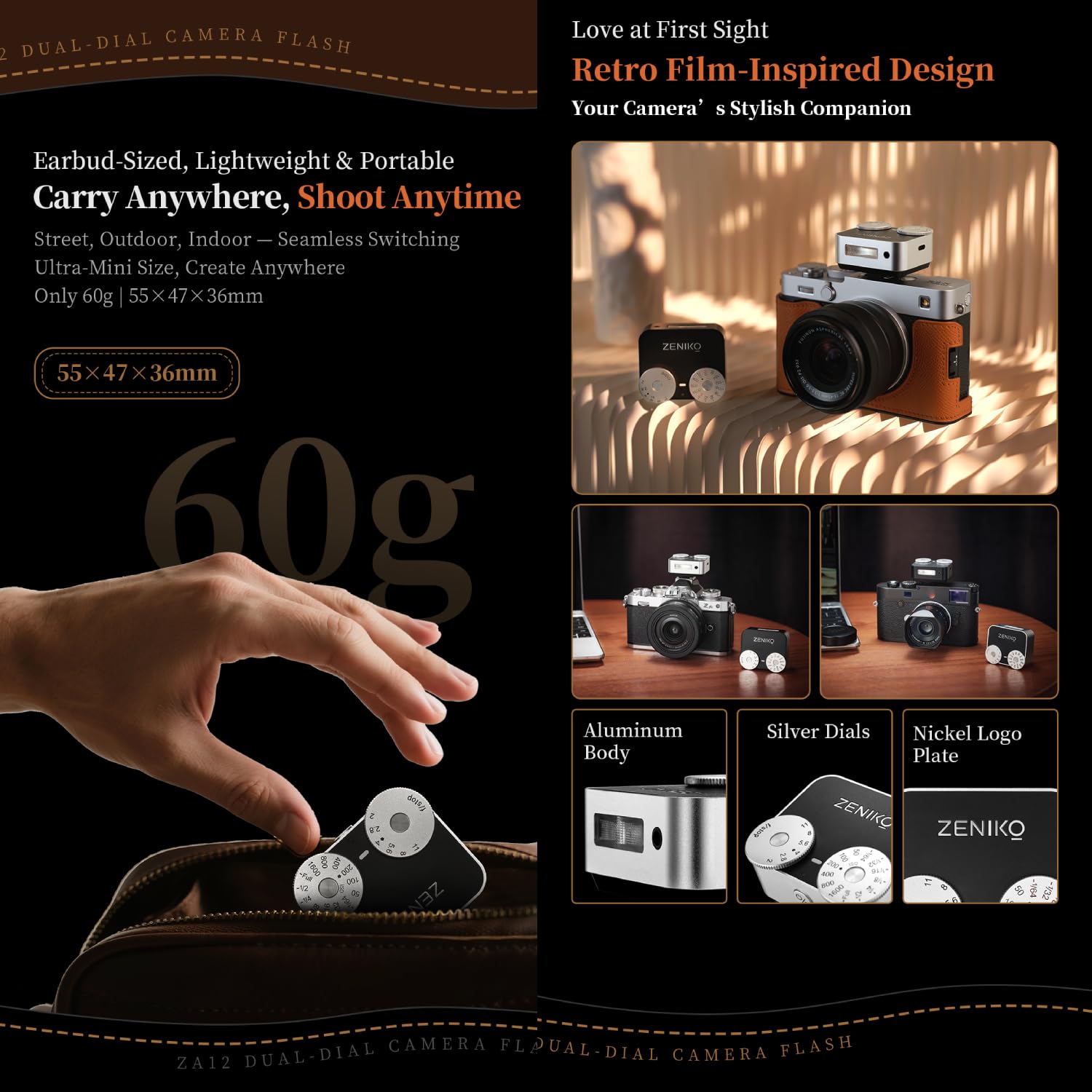 ZENIKO Flash de cámara ZA12 con doble rueda, mini cámara retro con modo automático, flash recargable tipo C, flash de fotos portátil ligero de 60 g para cámaras réflex digitales y sin espejo (negro)