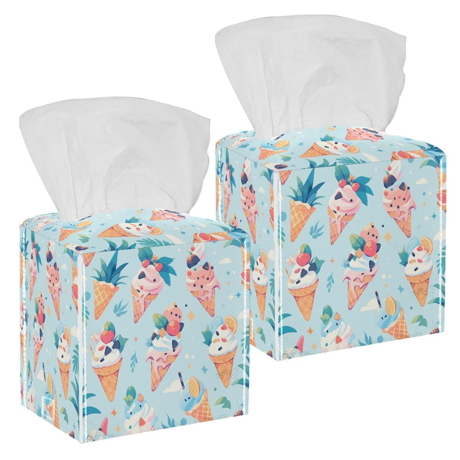Ice Cream Tissue Box Cover, 2 Pack PU Leather Square Facial Tissue Dispenser Box holder for Home Office Car