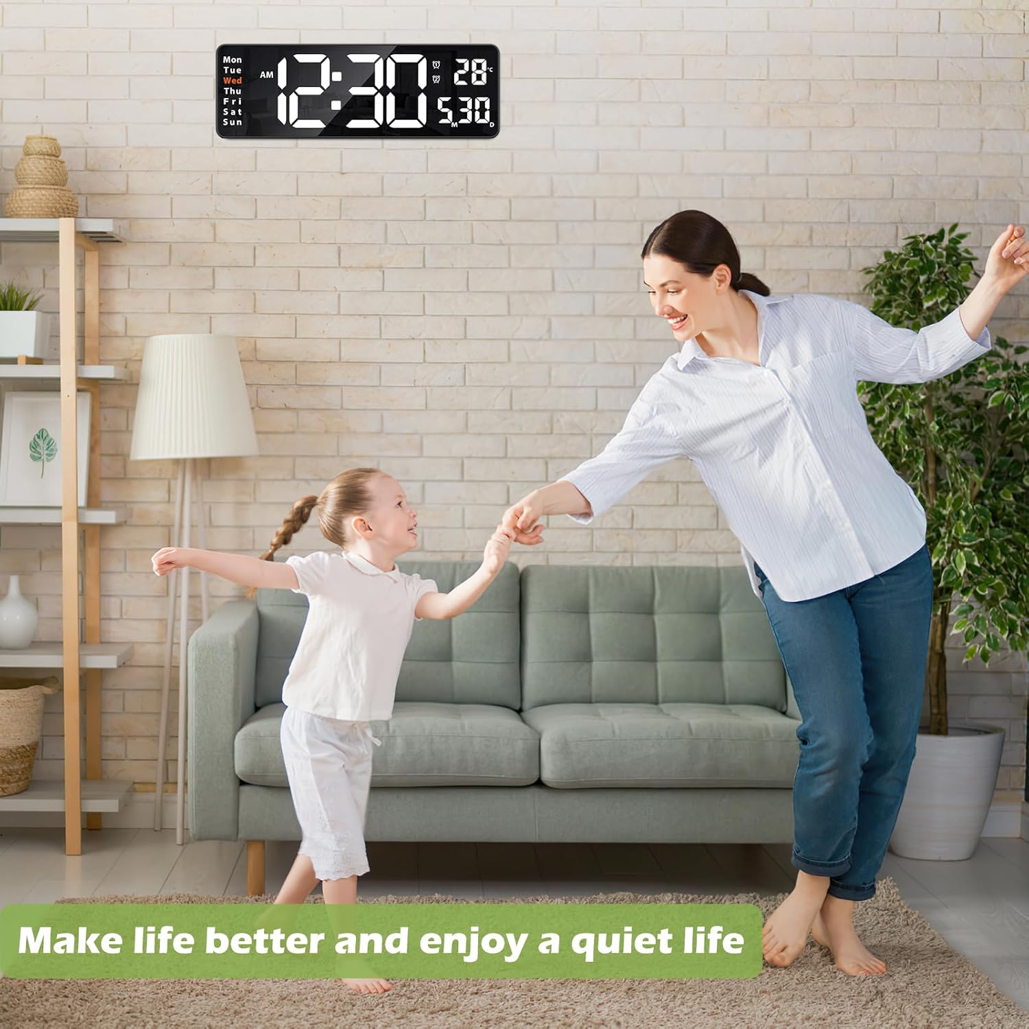 KeeKit Digital Clock, LED Wall Clock with 16" Large Display, Desktop Clock with Remote Control, Automatic Brightness Dimmer, 10 Adjustable Brightness, Suitable for Living Room - White