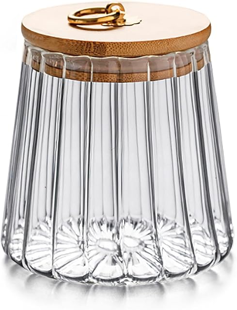 Glass Coffee Nuts Canister Airtight Storage Jar Petal Decorative Container with Bamboo Lid Metal Handle Easy to Grasp (small conical)