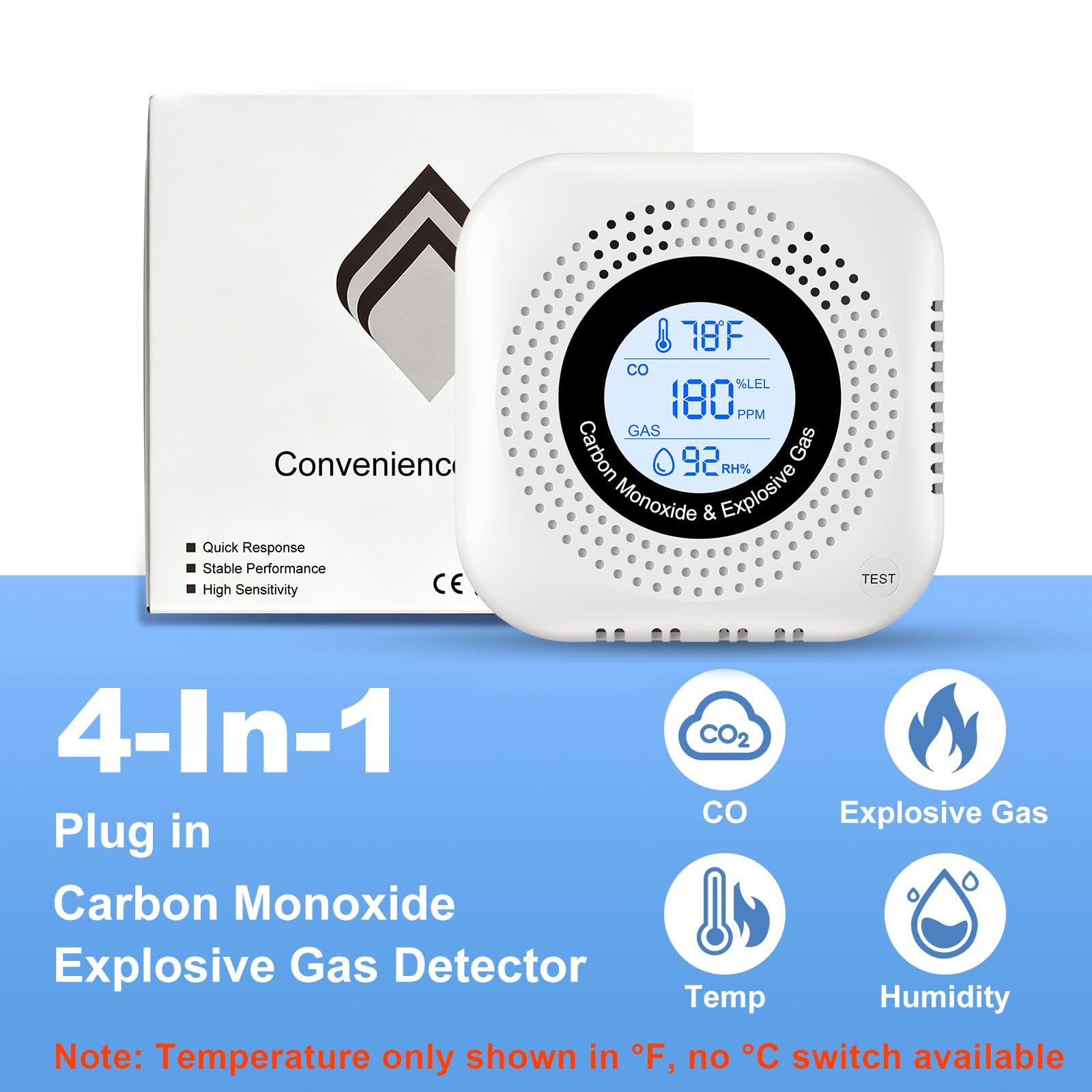 Detector de monóxido de carbono 4 en 1 Plug in - Detector de gas con pantalla de temperatura y humedad - Estándar en 50291 - Alarma 85 DB - Blanco