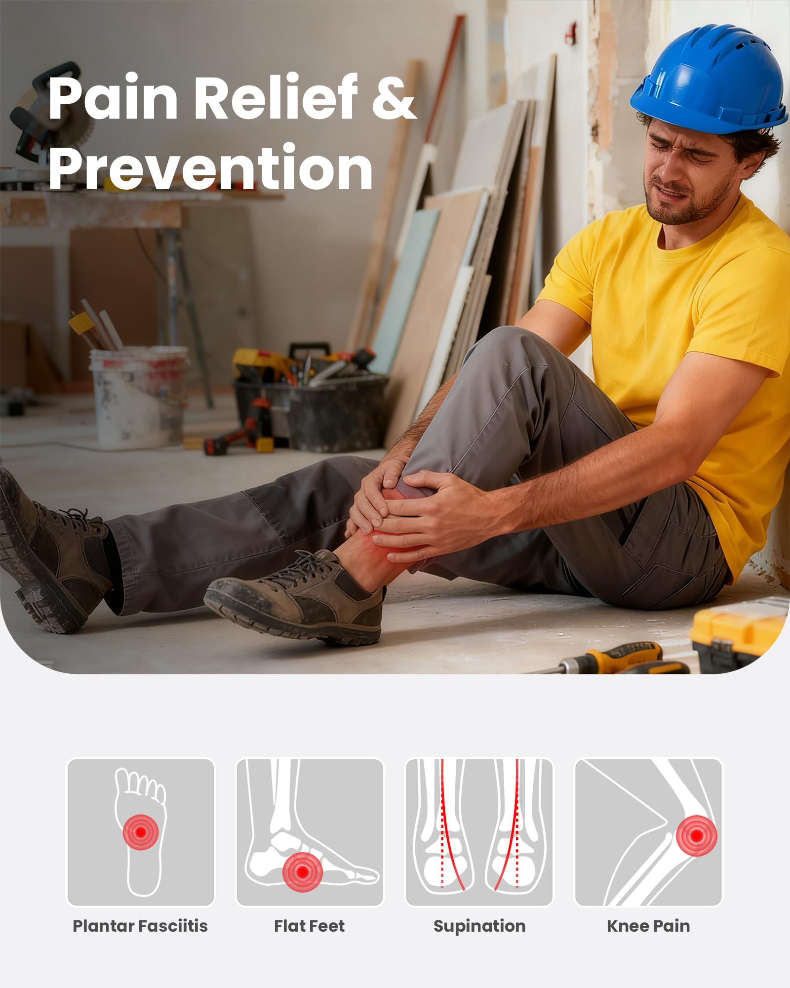 WalkHero - Insertos de soporte de arco, plantillas para fascitis plantar con cojín máximo | Las plantillas ortopédicas de trabajo alivian la fatiga del pie durante todo el día de pie, ideales para botas de trabajo
