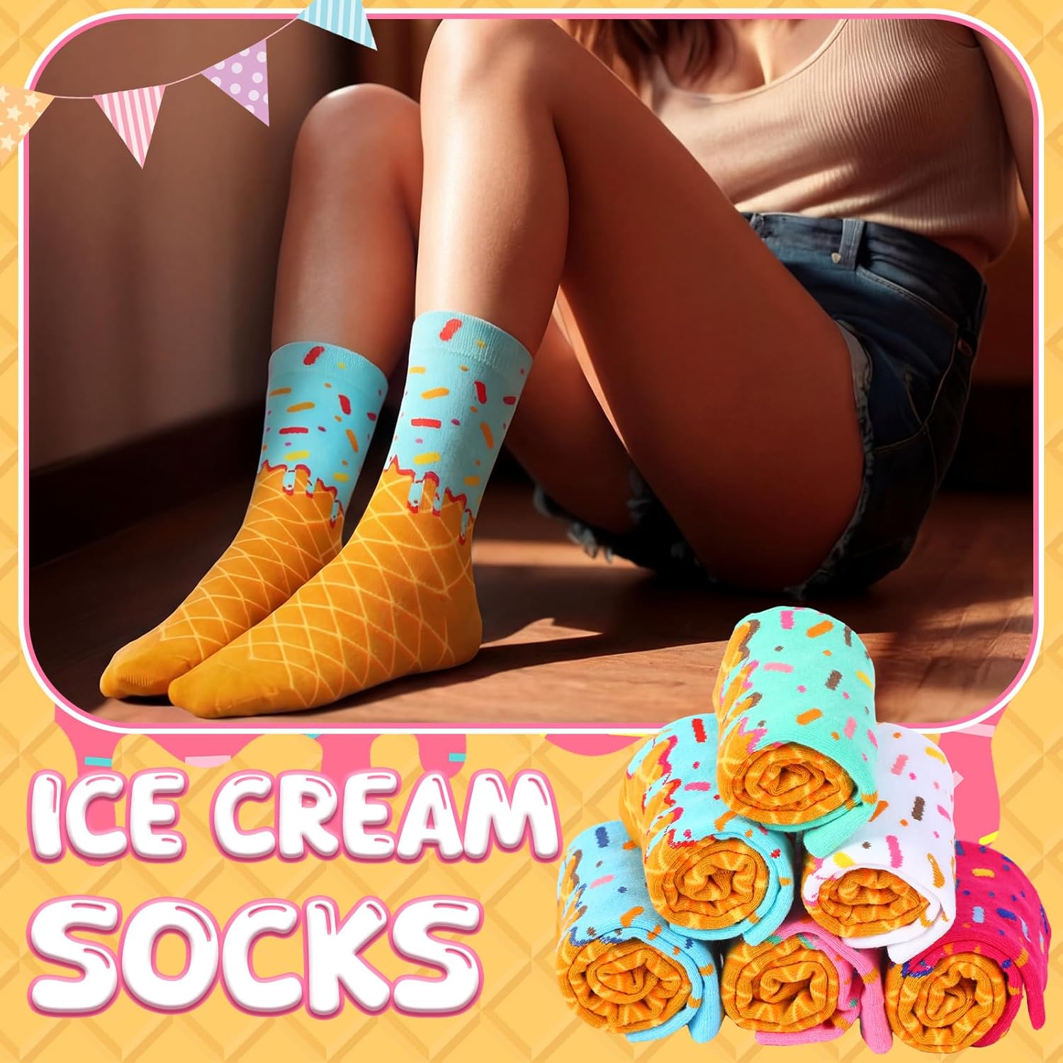 6 Pairs Ice Cream Drip Socks for for Youth Teen Funny Sports Baseball Gift Ice Cream Drip Baseball Socks Colorful Sock Athletic Crew Sock Sports Team Gifts Party Favor - Image 3