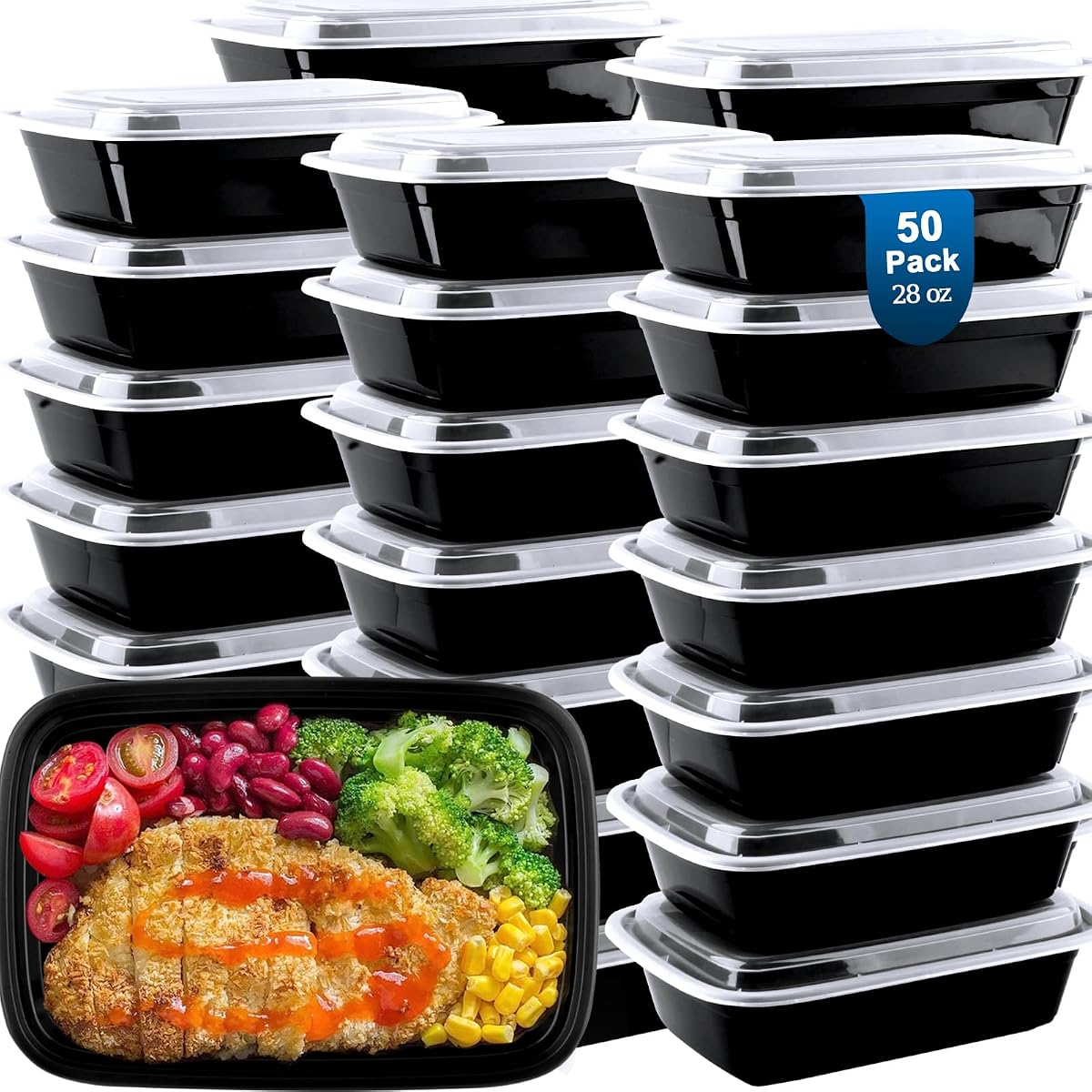 Vigugu Contenedores de preparación de comidas reutilizables, paquete de 50, contenedores de alimentos de 28 oz con tapas, contenedores de almacenamiento de alimentos con tapas, 28 oz, desechables para llevar, sin BPA, aptos para lavavajillas y congelador