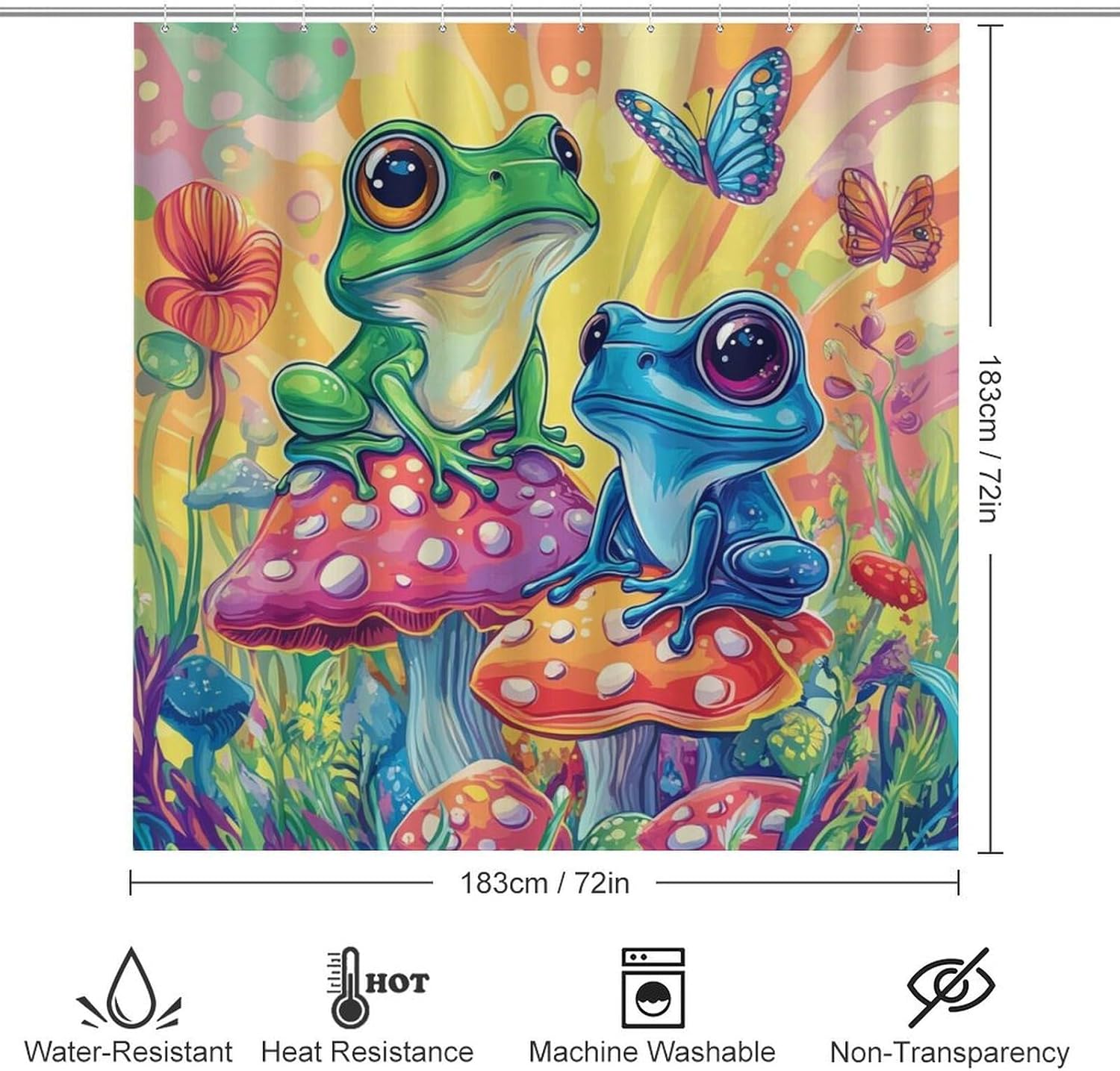 4Pcs Cartoon Frog Animals Shower Curtain Set with Rugs, Toilet Lid Cover and Bath Mat, Mushroom Butterfly Fantasy Bathroom Curtains Decor Shower Curtains, 72" x 72"