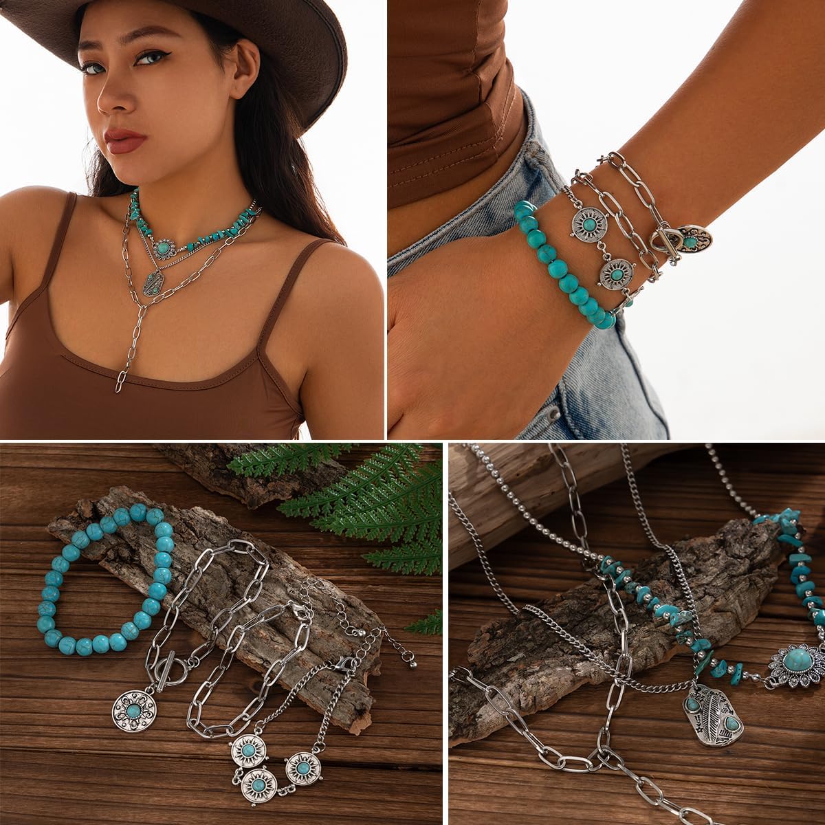 16 Pcs Western Jewelry for Women Bohemian Set, Boho Pendant Long Choker, Faux Leather Layered Bracelet, Hoop Earrings Rings set - Image 5
