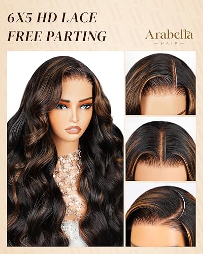 Miniatura 3 de Arabella Pelucas de cabello humano sin pegamento de 5 x 6, con reflejos 1B30, encaje frontal, densidad del 210%, precortada, sin pegamento, peluca