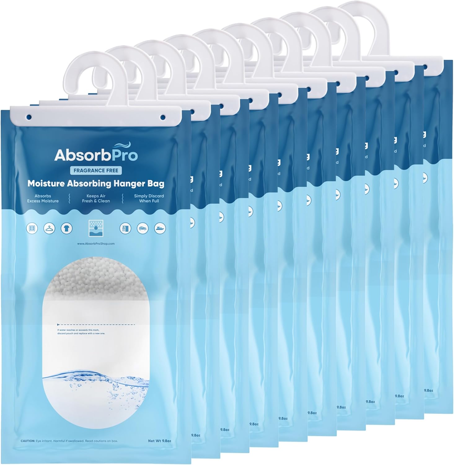 Absorb Pro - Moisture Absorbing Hanger Bag Fragrance Free - 10-Pack - 9.8 oz Hanging Dehumidifying Packs for Home, Kitchen, Bedroom, Bathroom, Closet, Rooms, Cars