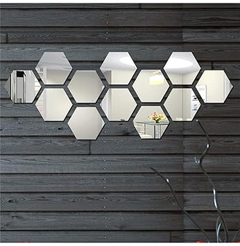 Wall1ders - 12 Hexagon Silver (Each Hexagon Size 10.5 cm x 12.1 cm) 3D Hexagon Mirror Wall Stickers, 3D Mirror Stickers for Wall Large Size, 3D Wall Mirror Stickers for Living Room, Hall, Bed Room, Home & Offices.