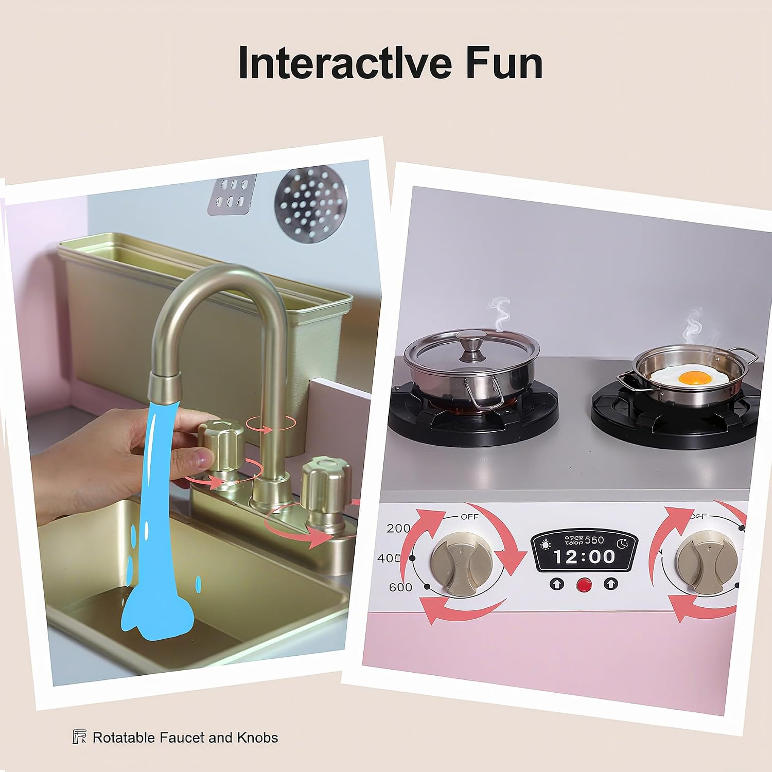 Corner Play Kitchen, Wooden Toddler Kitchen Playset with Ice Make, Telephone, Oven, Microwave, Faucet, Sink, Stove, Pink Toy Kitchen Ages 3+ (Pink Corner)