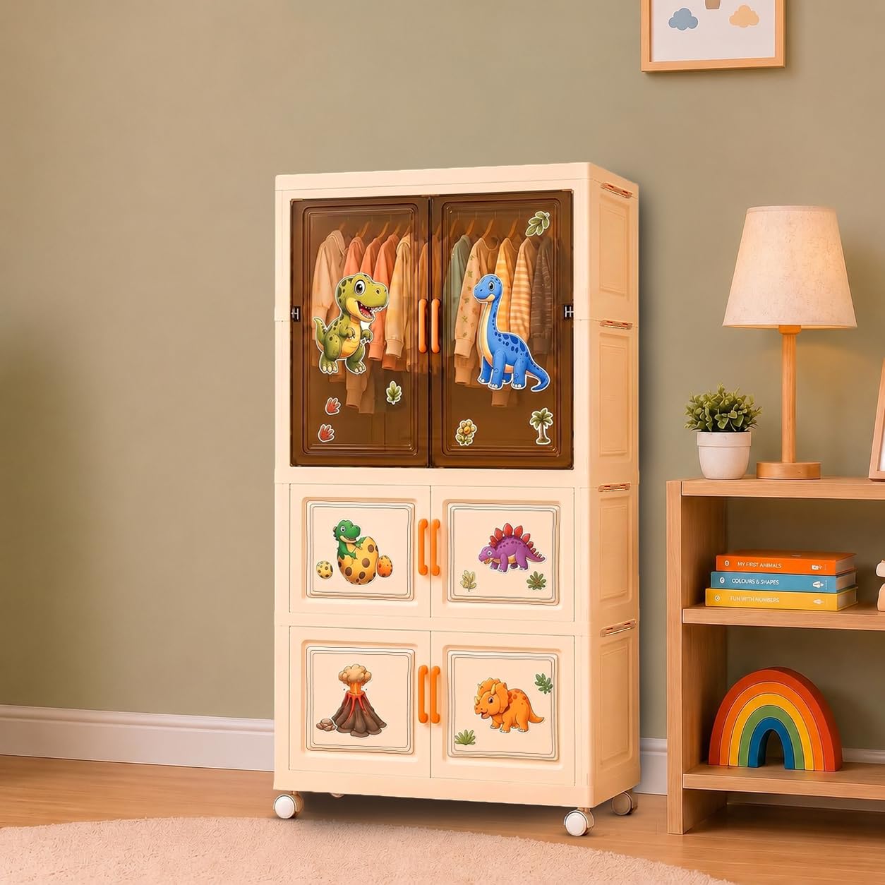 TARKAN Kids Plastic Wardrobe Storage Cabinet with Wheels, DIY Dinosaur Stickers, Modular and Durable, 1 Hanging Rod + 2 Drawer Sections, 70x32x123cm-image-29