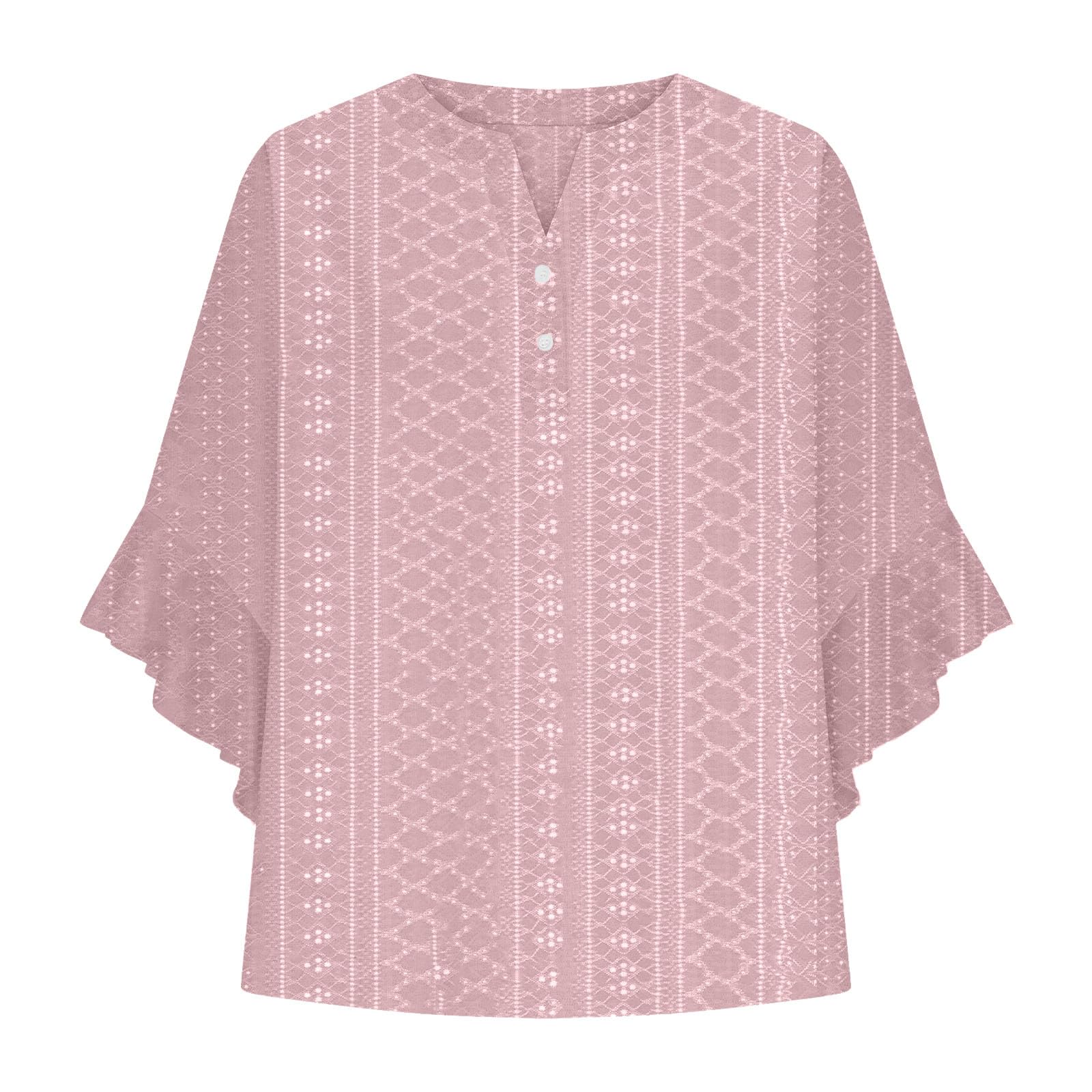 Women's Eyelet Tops V-Neck Ruffle 3/4 Sleeve Blouse Casual Loose Button Up Henley Shirts Boho Flowy Beach Clothes — view 5