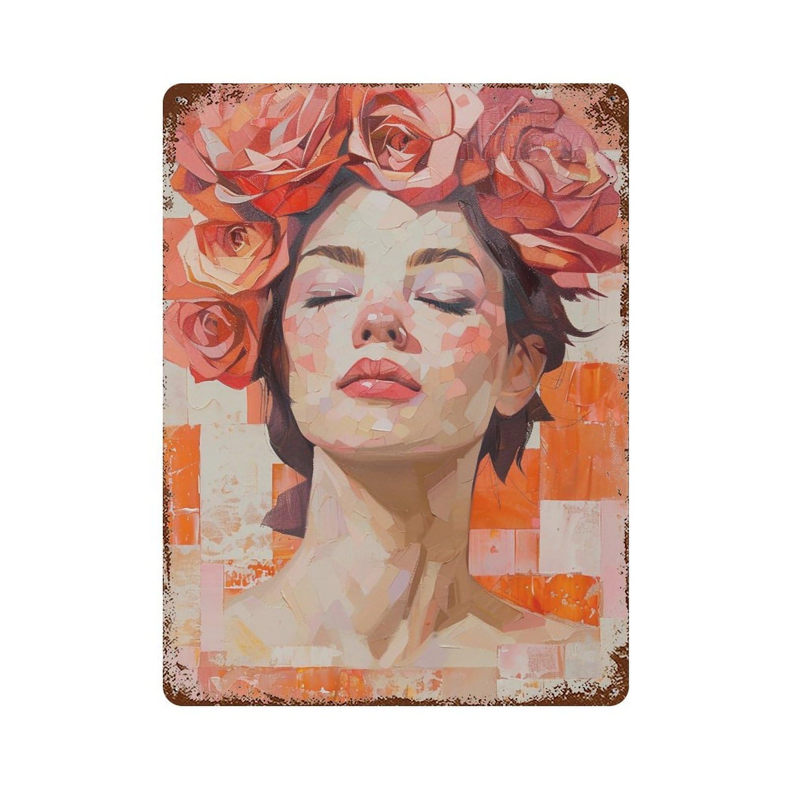 YHGERTKU Woman with Red Roses Impasto 03 Wall Art Retro Iron Vintage Metal Tin Sign Poster Modern Decor for Living Rooms Gift 40x30cm