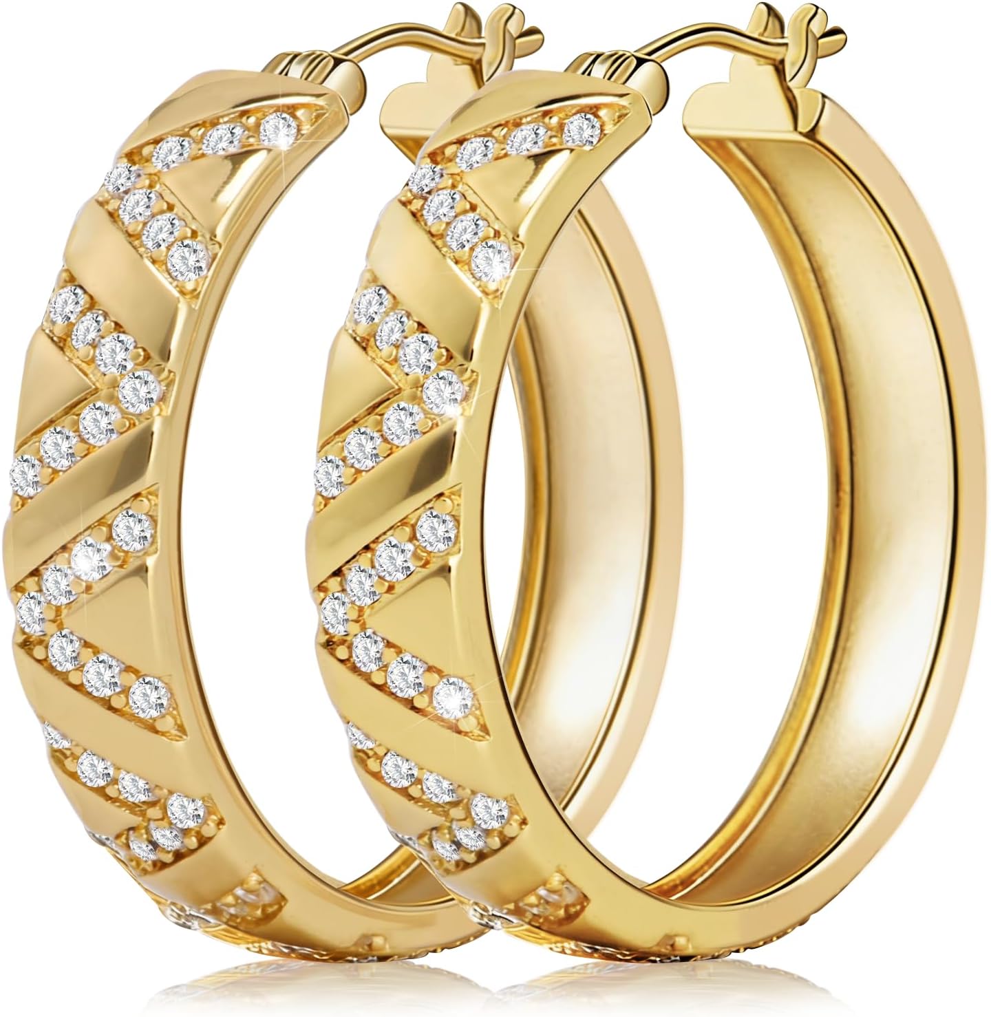 14K Gold Plated Chunky Hoop Earrings for Women, 25mm Hypoallergenic Lightweight Hoops with Crisscross Cubic Zirconia, Perfect for Daily Wear, Party & Gift