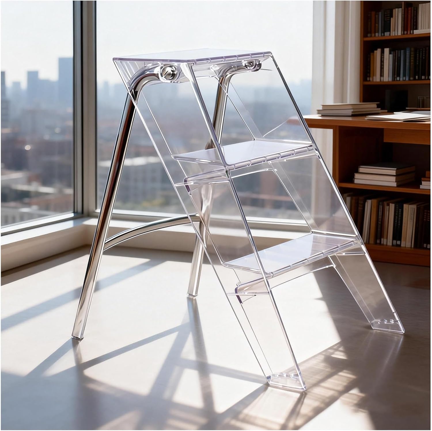 Transparent Acrylic Folding Step Stool L44xW52xH63cm Portable Three-Step Ladder Silicone Non-Slip Footpads Electroplated Steel Tubing Plastic Footrests