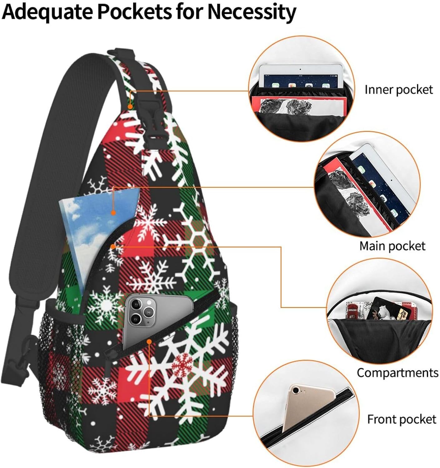 Christmas Crossbody Sling Bag For Women & Men - Adjustable Buffalo Plaid Chest Bag With Snowflakes - Shoulder Bag Sling Backpack Merry Xmas Daypack - Perfect Christmas Gifts