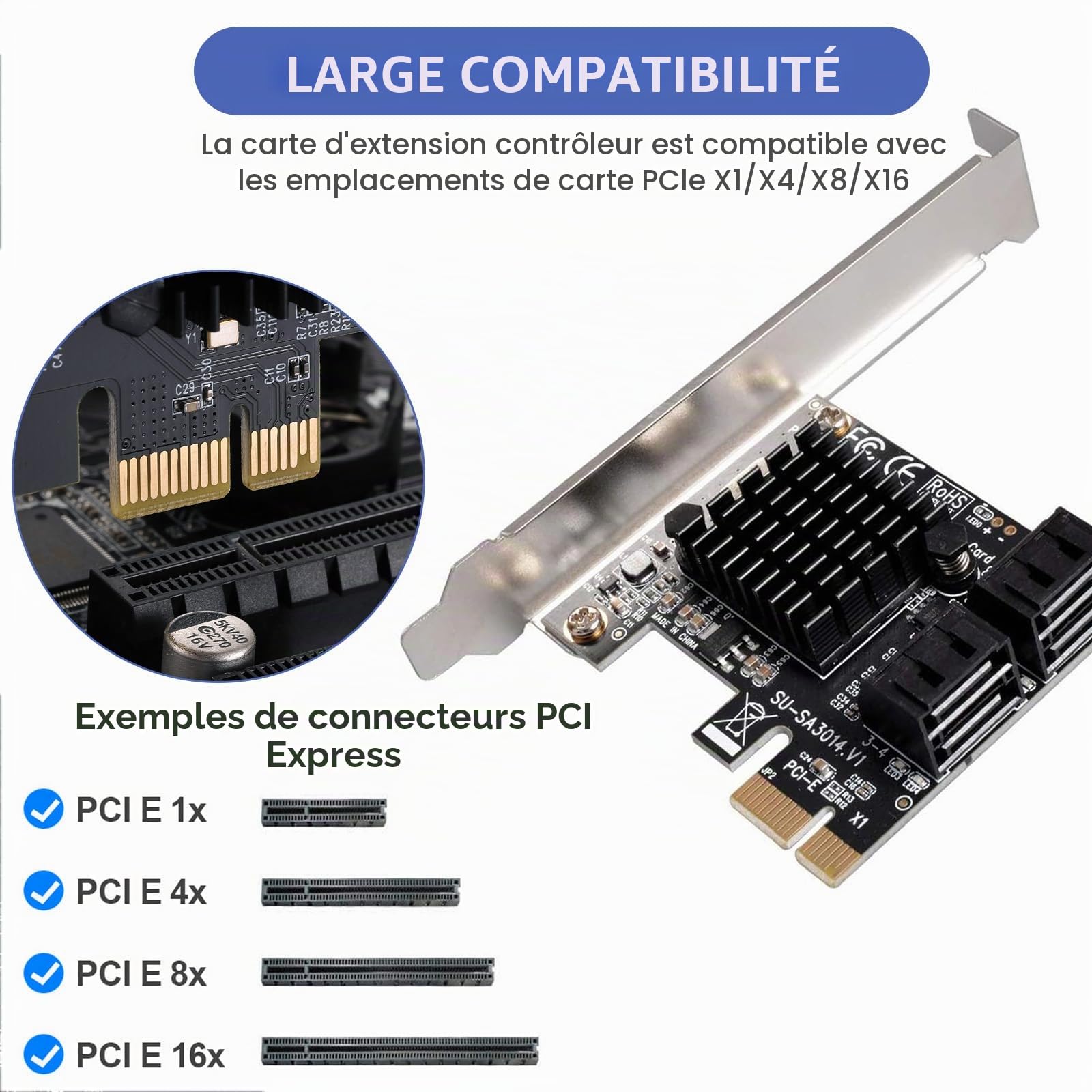 Carte PCIE 1 x SATA 4 Ports, avec 4 câbles SATA et Support à Profil Bas, contrôleur PCIE vers SATA 3.0 6 Gbit/s, Carte d'extension PCIE vers SATA, Carte PCIE contrôleur SATA
