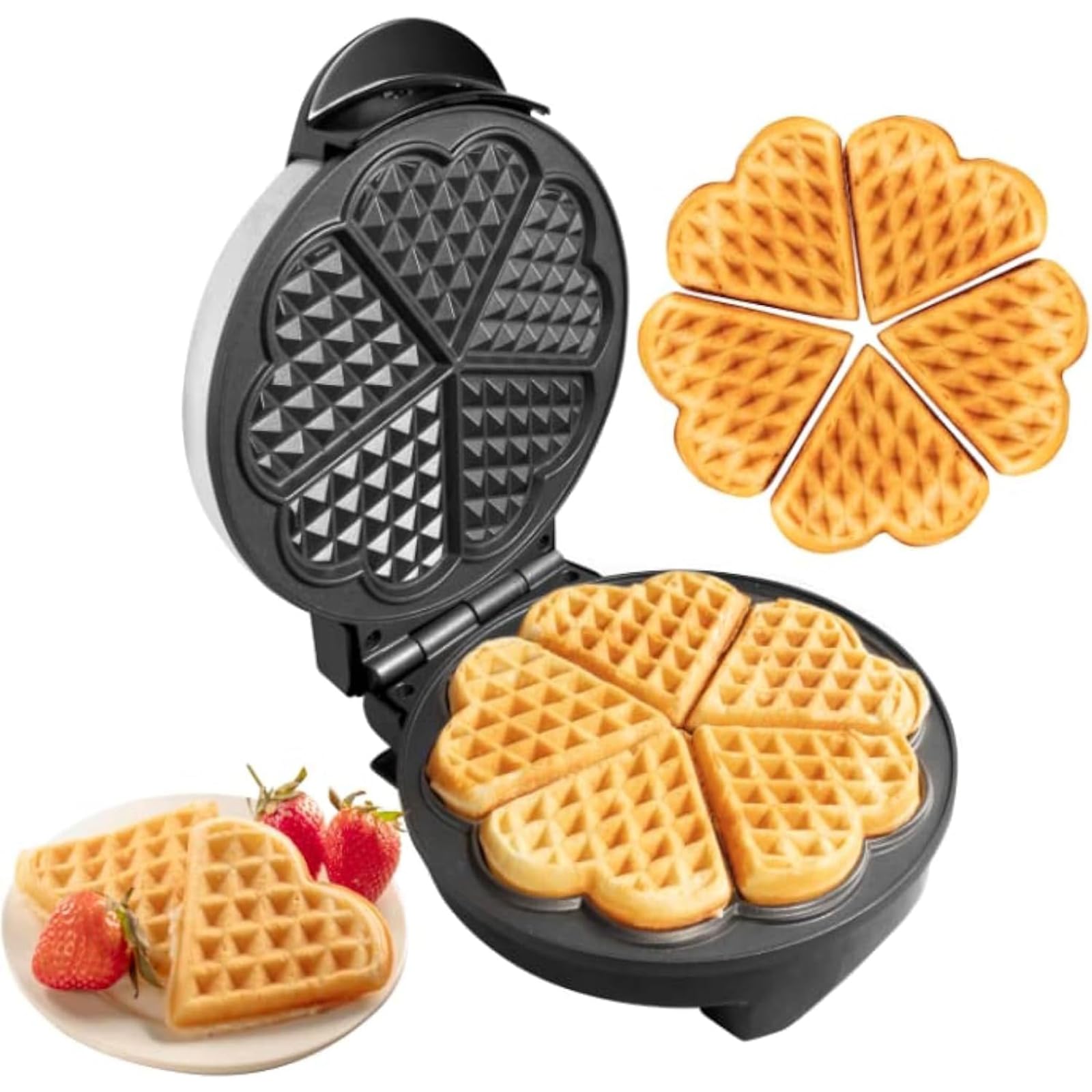Halamodo Heart Waffle Maker - Make 5 Heart-Shaped Waffles, Nonstick, Easy to Clean, Electric Griddle Iron