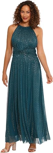 London Times Women's Dresses Mesh Halter Maxi with Ruched Waistband Event Guest 