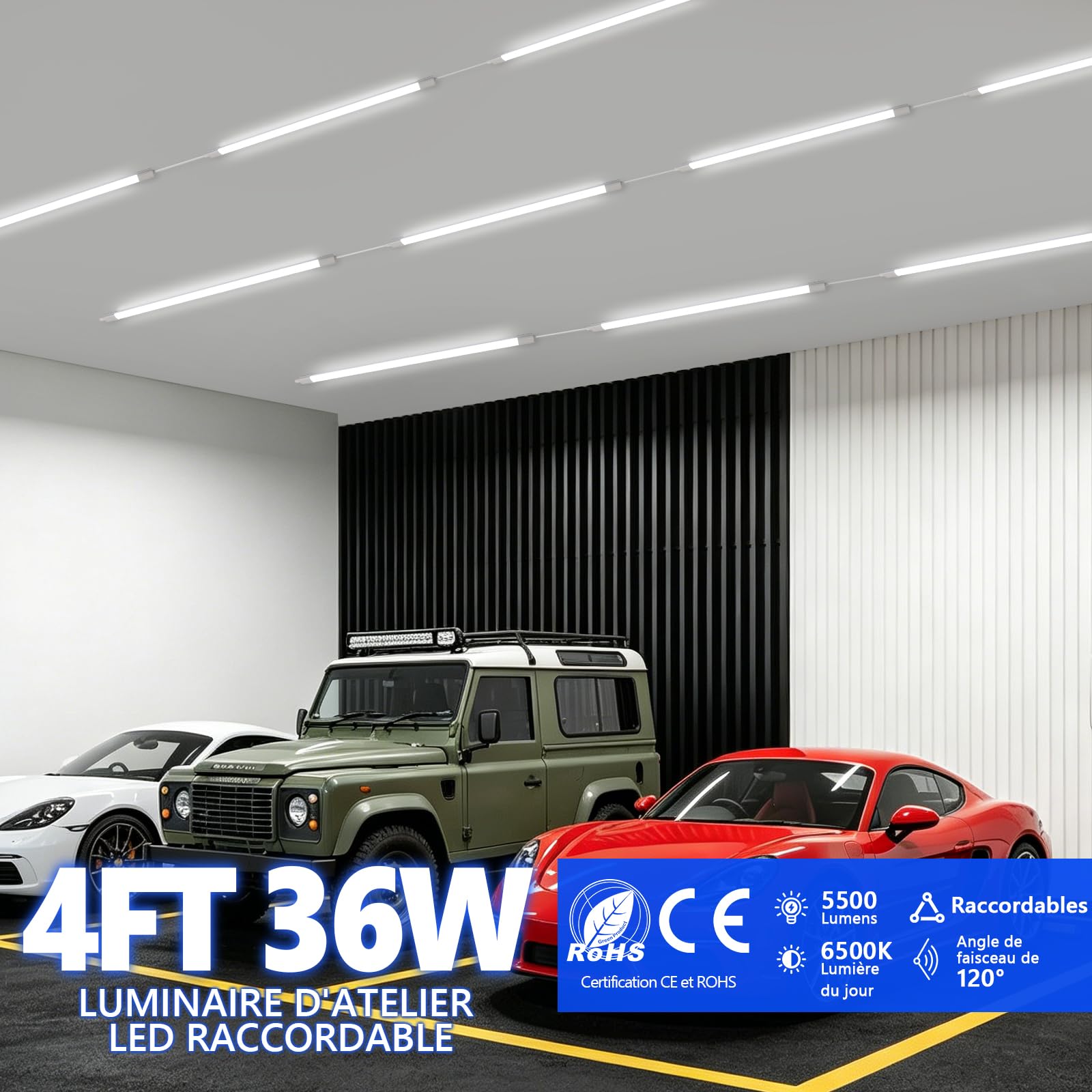 Dorlink Lot de 2 Réglette LED 120 cm, LED 36W 5500LM 6500K Umière Froide Blanche IP65 extérieur étanche Connectable, Tubes Lumineux pour garage, Cave,entrepôt, bureau, atelier, éclairage de cuisine