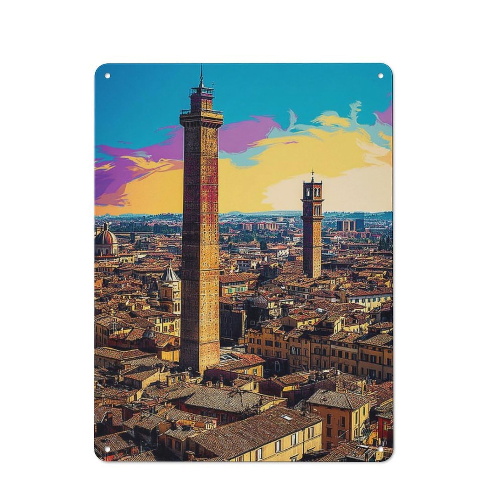 Junmoney Bologna's Iconic Towers A Colorful View Metal Tin Sign, Clean Printed Wall Decor For Breakfast Nook, Kitchen Wall And Home Cafe, 40X30cm
