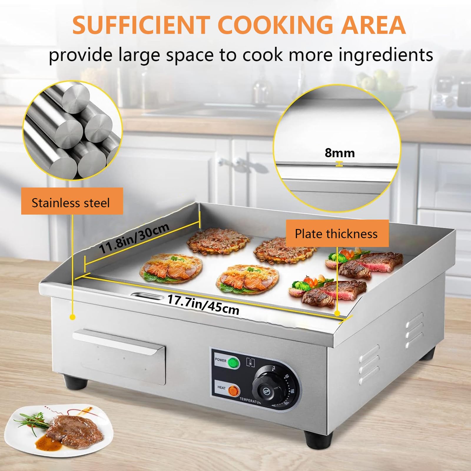 Piastra Elettrica Commerciale, Griglia Teppanyaki da 17", Griglia Elettrica A Piano Piatto da 2500w, Piastra Elettrica da Banco in Acciaio Inox, Piastra da Banco da 50-300℃