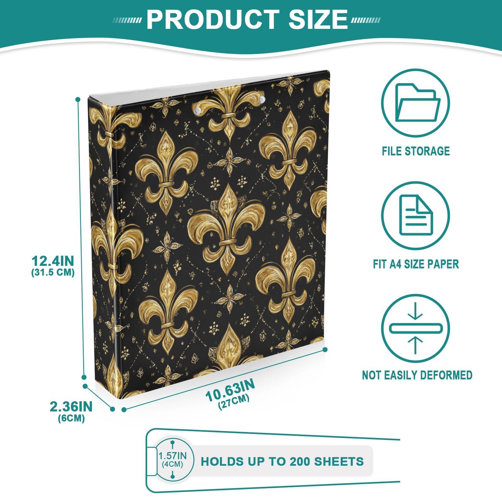 Kcldeci Raccoglitore a 3 anelli con copertina rigida, motivo floreale dorato, 3,8 cm, 200 fogli, per ufficio, casa, rientro a scuola, confezione da 2