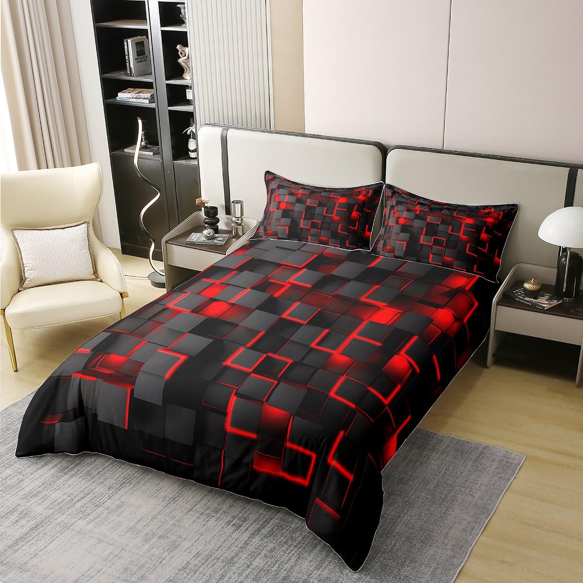 Rot und Schwarz Bettwäsche-Set, 100 % Baumwolle, leicht, geometrische Bettwäsche für Kinder, Jungen, Mädchen, Geometrie, Dekoration, Bettbezug 220 x 240 cm, moderner Stil