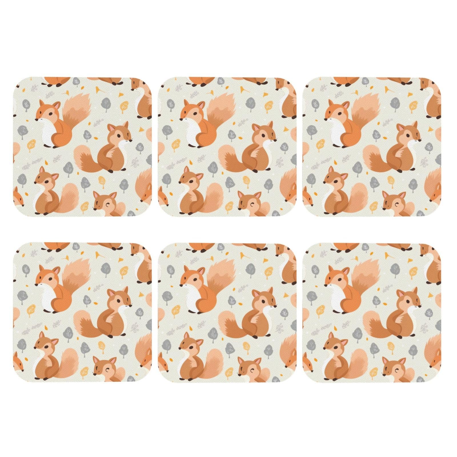 6pcs Leather Coasters for Drinks, Cute Squirrels Drink Coasters for Tabletop Protection, 4" Cup Coasters for Coffee Table Decor, Non-Slip Drinking Cup Mat for Hot Or Cold Drink