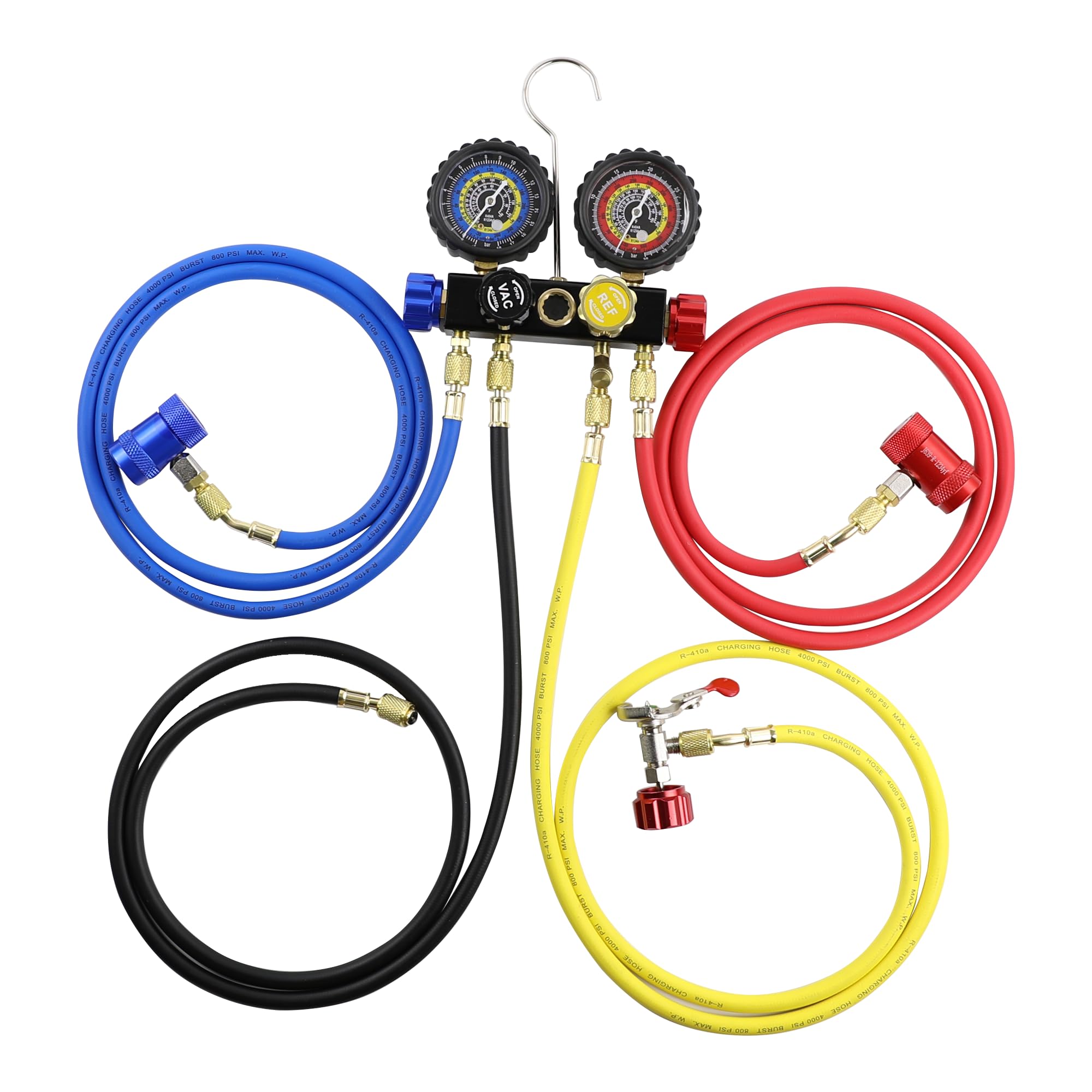 R1234yf R134a Krümmer-Messgerät-Set, 4 Ventilverteiler, kompatibel mit R1234yf R134A Kältemitteln mit 4-Wege-Schläuchen, Kupplungen, Adapter, kann Wasserhahn, Freon Recharge Kit