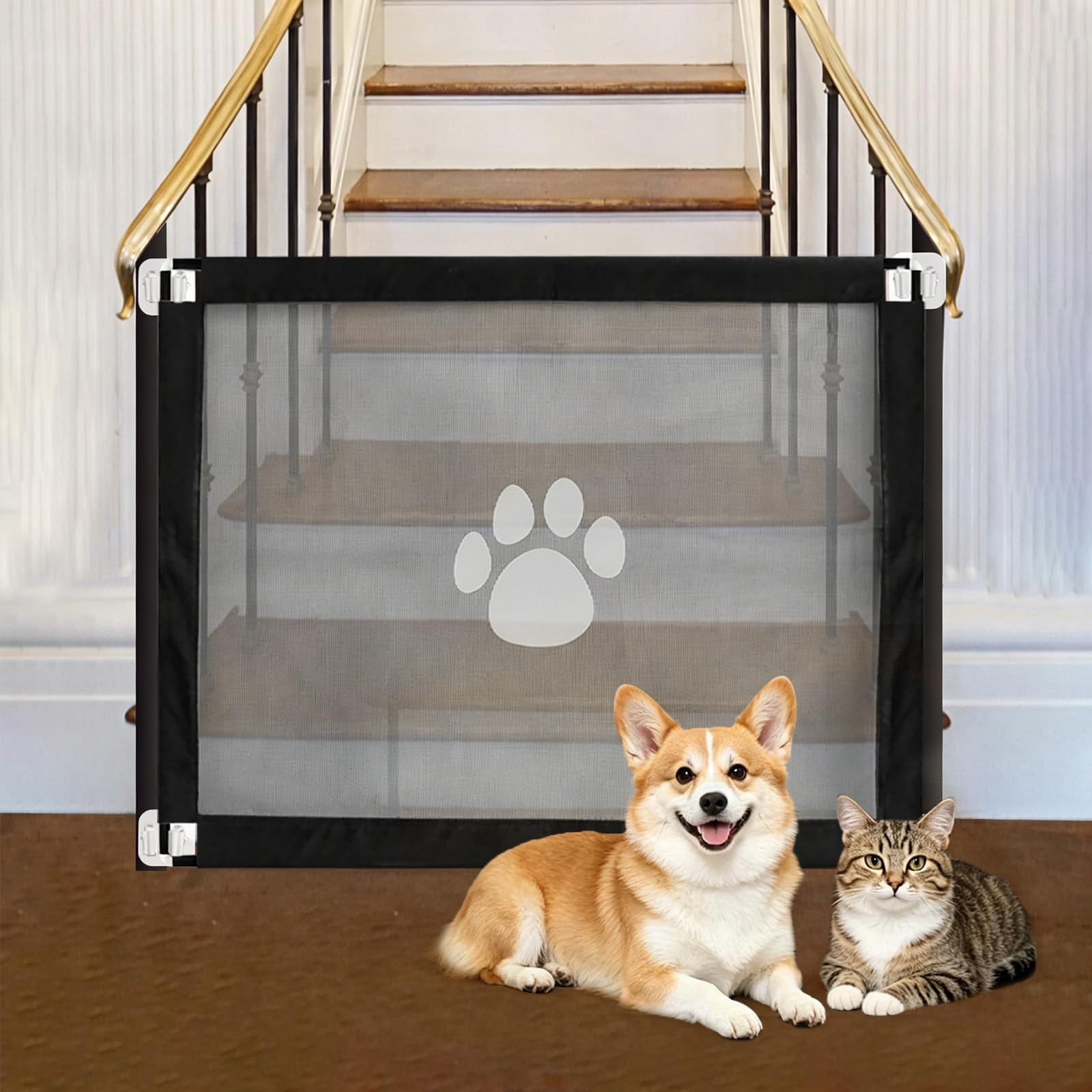 Enjoying Dog Stairs Gate, 100×80 cm, Pet Magic Gates for Indoor Doorway Hallways, Self-Assembly Dog Cat Blocker Door, Wall Mount Lockable Dog Mesh Gate Stopper, No Drilling/Drilling