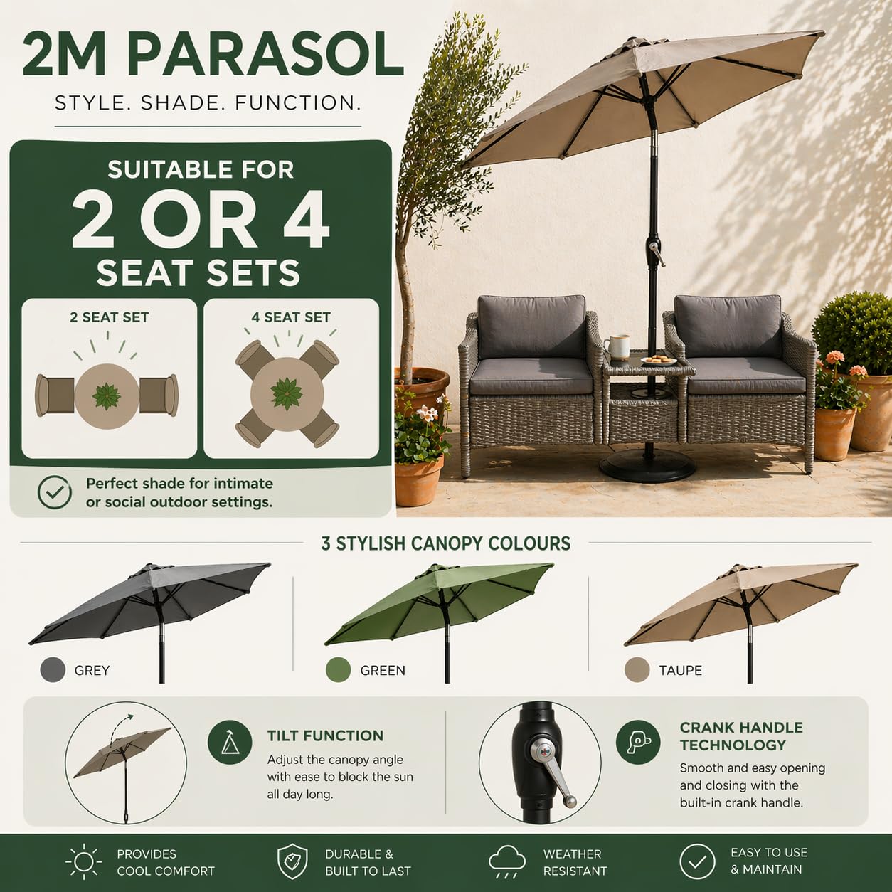 GardenCo Outdoor 2m Parasol - Crank Up & Tilt Function Options Garden Parasol Umbrella - UV Rated 50-38mm Parasol Pole — view 4