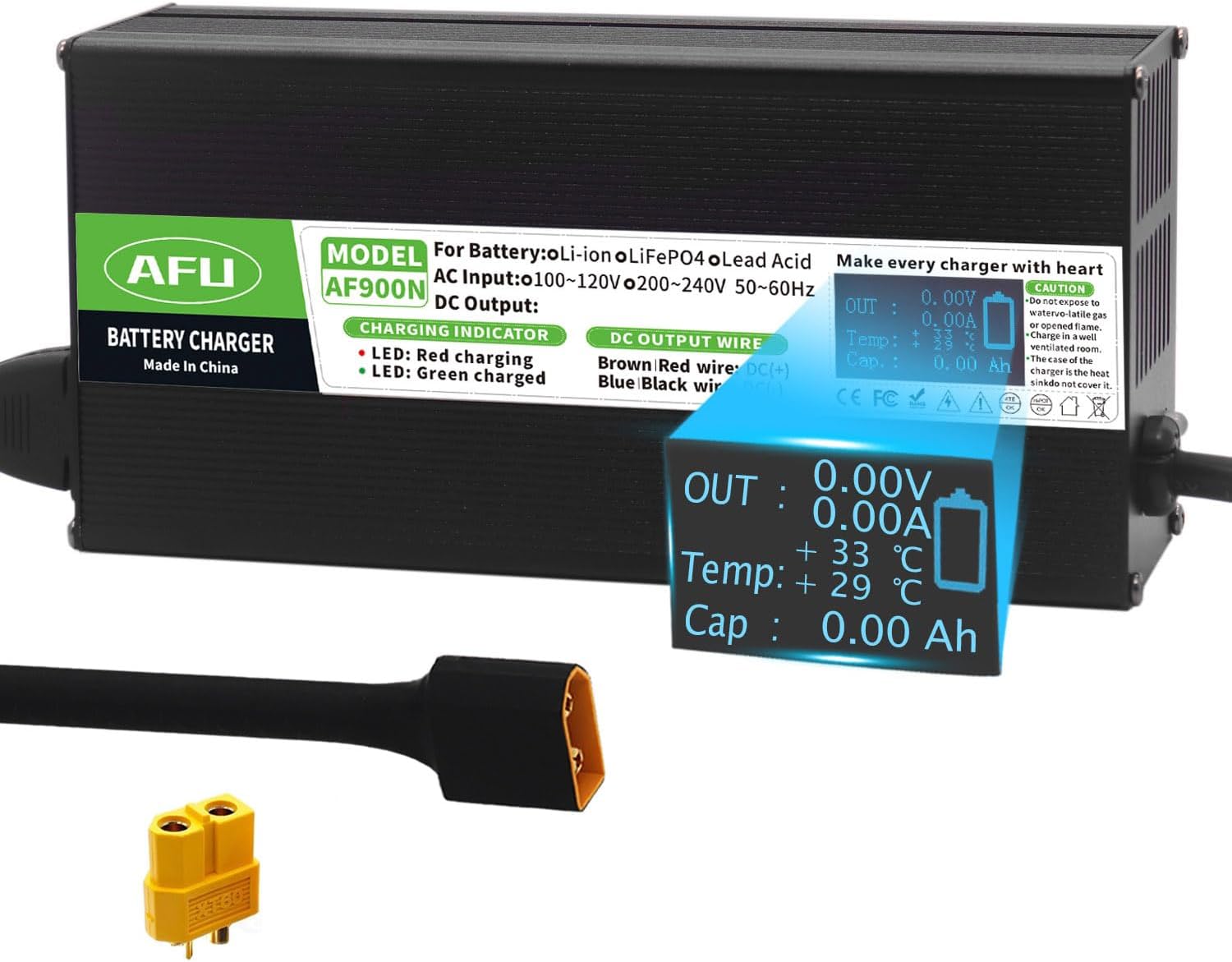 58.8V 15A Battery Charger Safe and Durable Used for 14S 52V Lithium Battery Smart Charger with Charging Display DC Output XT60 Connector