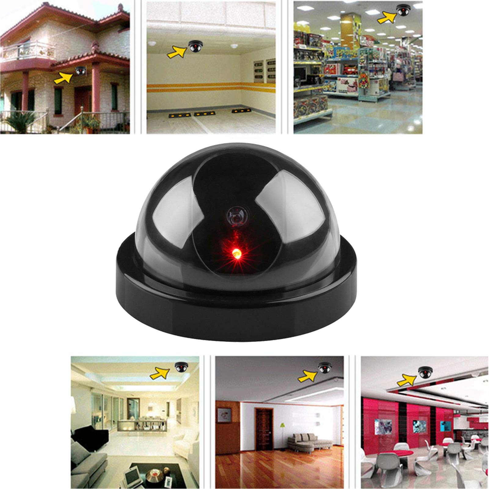1Pc Telecamera Finta Simulazione Dome, Telecamera di Sorveglianza di Sicurezza con Luce Rossa Lampeggiante (Nero)