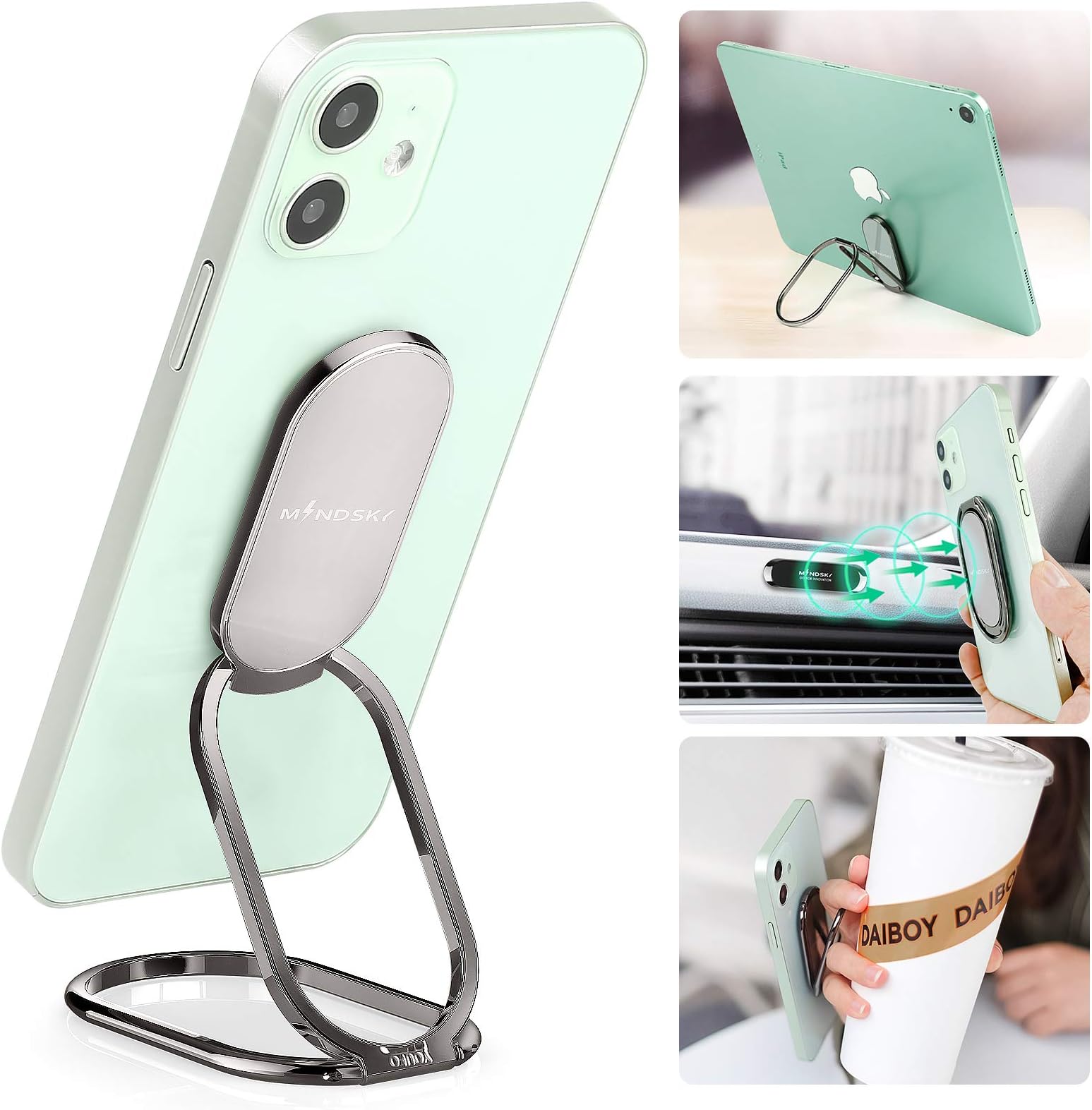 Mobile Phone Ring Holder Finger Kickstand 360°Rotation Cellphone Grip Foldable Phone Stand for Desk Compatible with iPhone iPad Smartphones Tablets (w/Universal Magnetic Car Mount)