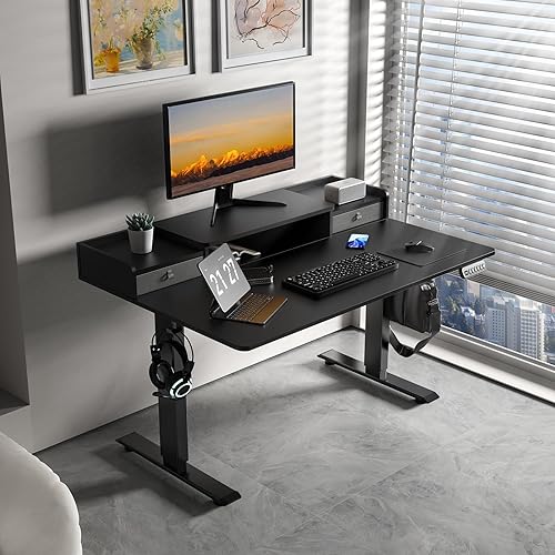 Miniatura 2 de Escritorio eléctrico de pie de 48 x 30 pulgadas con 2 cajones, escritorio de pie ampliado de altura ajustable con estante de almacenamiento,