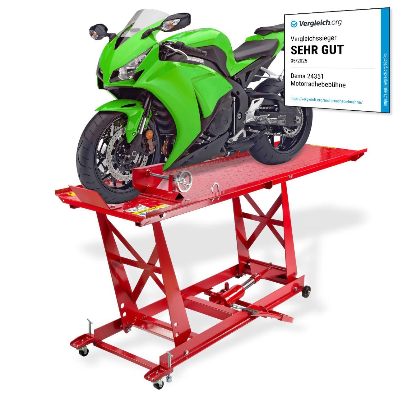 DEMA Motorrad Hebebühne hydraulisch 450kg Werkstatt Hubtisch rot | Fußpumpe, rutschfeste Plattform, Auffahrrampe, Sicherheitsarretierung, stabile Stahlkonstruktion Werkstatt Garage