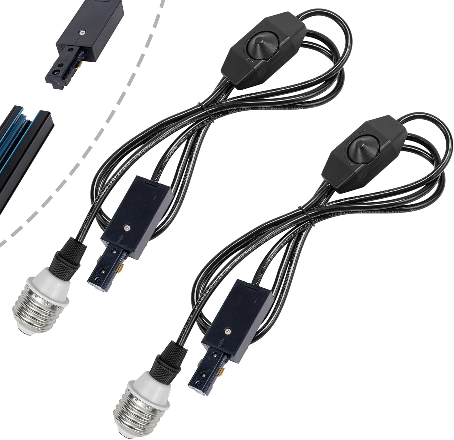 H-Type Track Live End Feed Connector 3.2Ft E26 Base and Dimmable Switch Extension Cord for Lighting Accessory Part DIY Project 2-Pack
