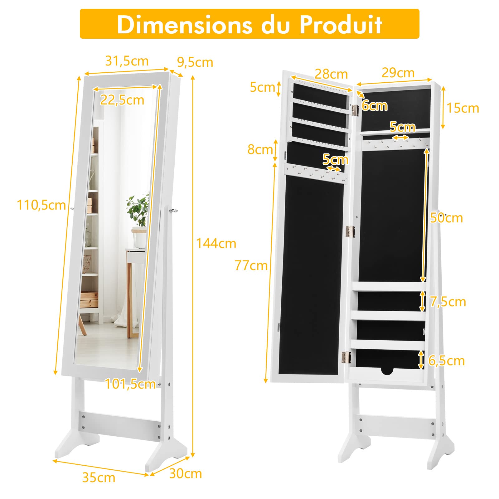 RELAX4LIFE Armoire à Bijoux sur Pieds avec Miroir Pleine Longueur HD 4 Angles Réglables, Armoire à Bijoux avec Grand Espace de Rangement pour Chambre, Vestiaire, Salle de Bain (Blanc)