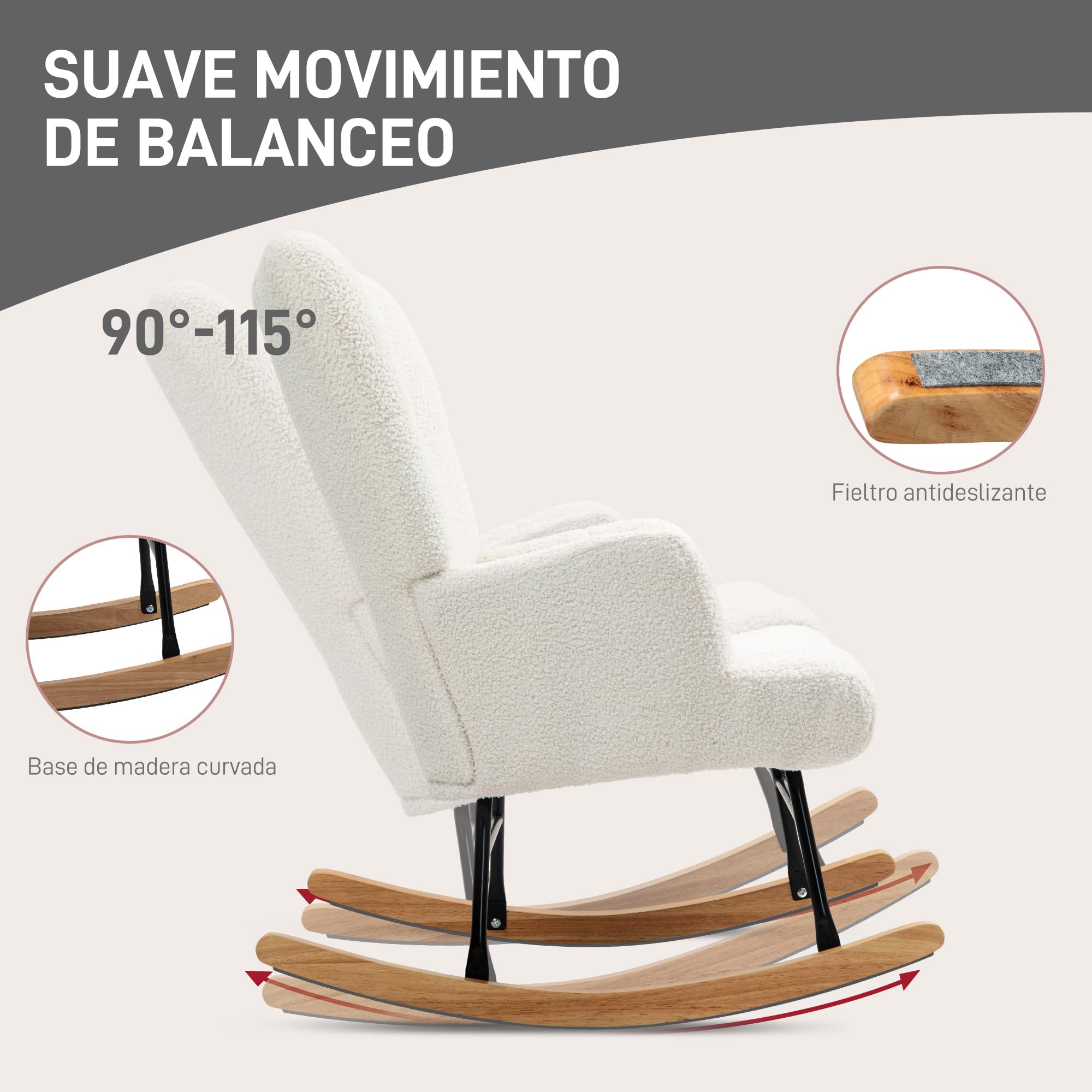 HOMCOM Silla Mecedora, Mecedora de Terciopelo de Teddy con Respaldo Alto, Patas de Madera de Caucho, Reposabrazos, Estilo Moderno, Sillón de Lactancia, Carga 120 kg, para Dormitorio, Salón, Crema