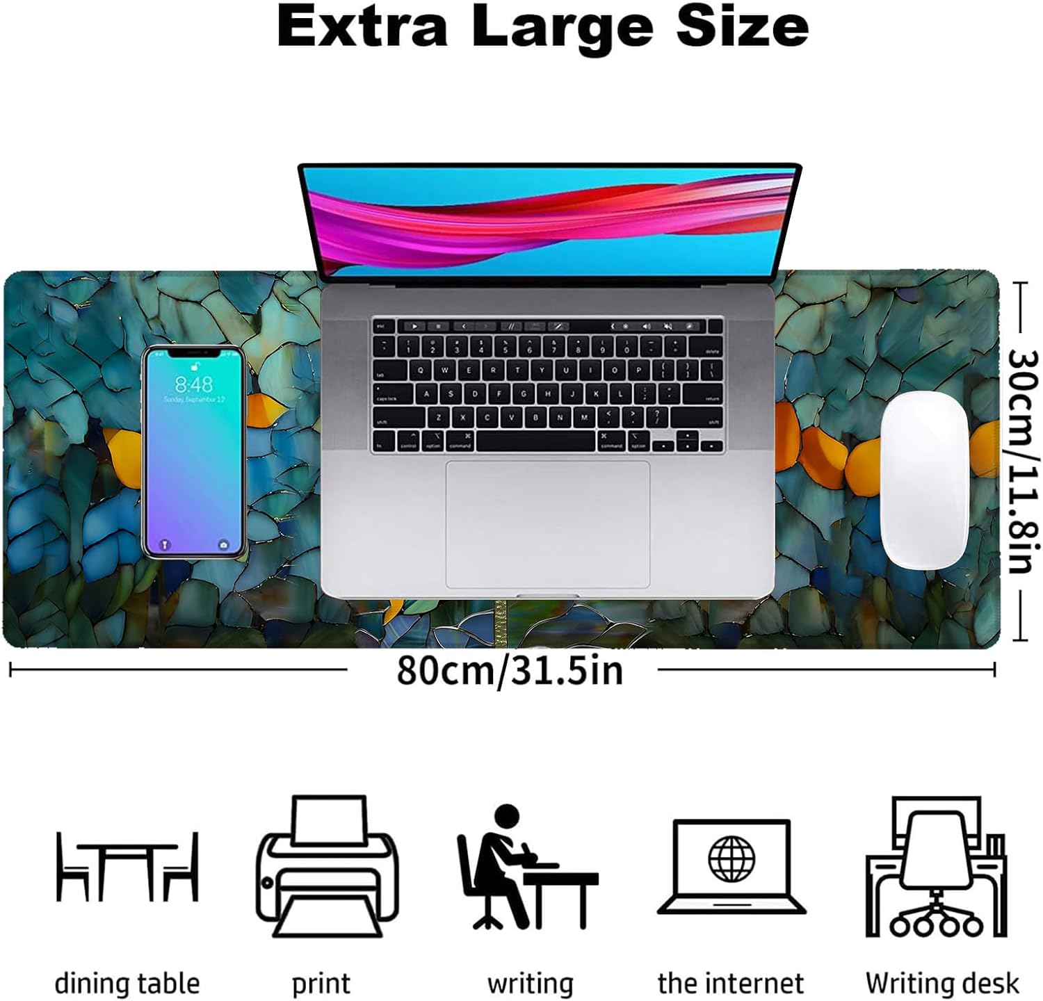Stained Glass Sunflower Gaming Mouse Pad, Office Desk Mat, Anti-Slip Rubber Base Cool Aesthetic Mouse Pads for Computer Laptop Keyboard School Home Desktop Gamer Home Accessories Decor 31.5" x 11.8"
